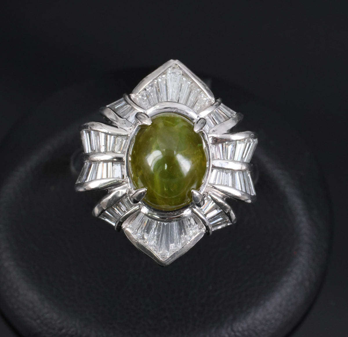 5.98ct Natural Chrysoberyl Cat's Eye & 1.28ct Diamond Platinum Ring, Size 6.25