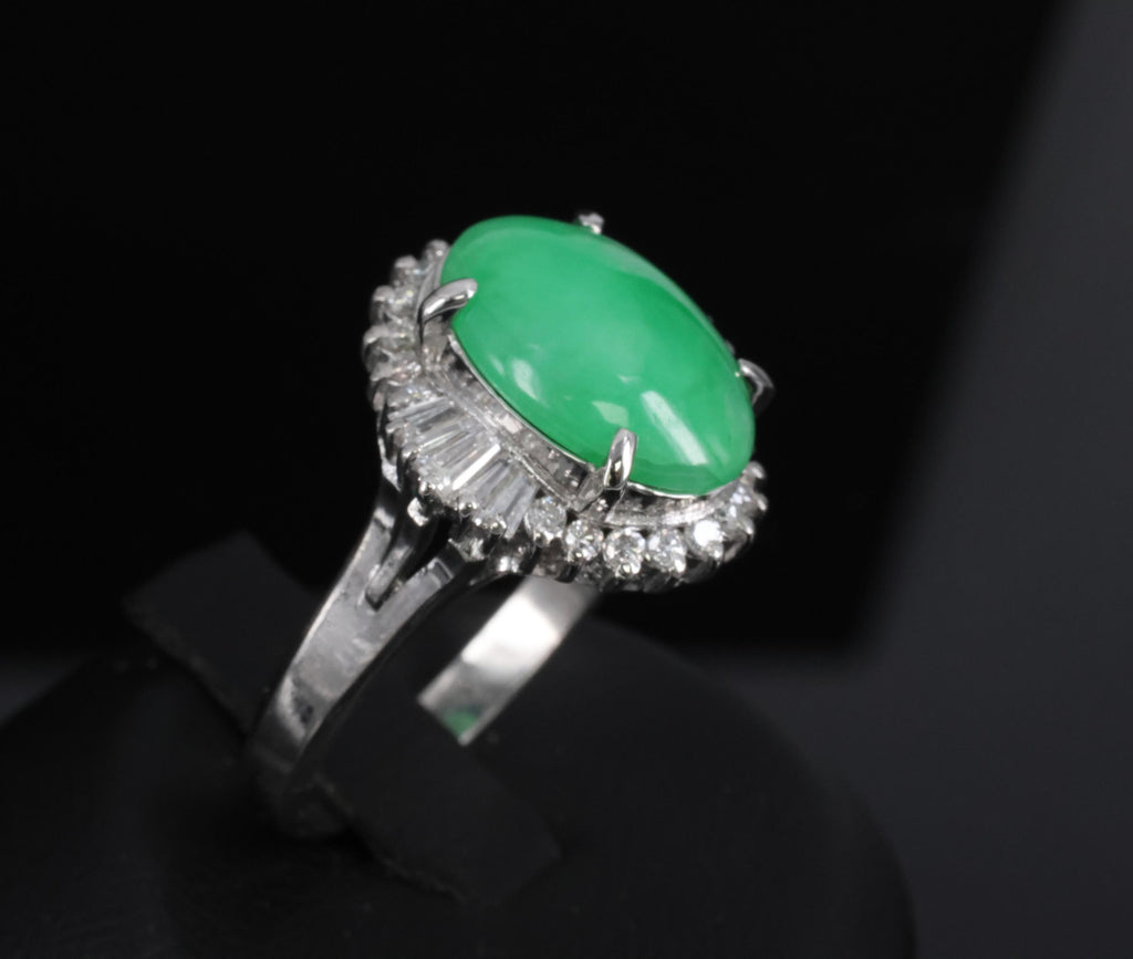 5.22ct Natural Apple Green Jadeite Jade & 0.68ct Diamond Platinum Ring Size 8.75