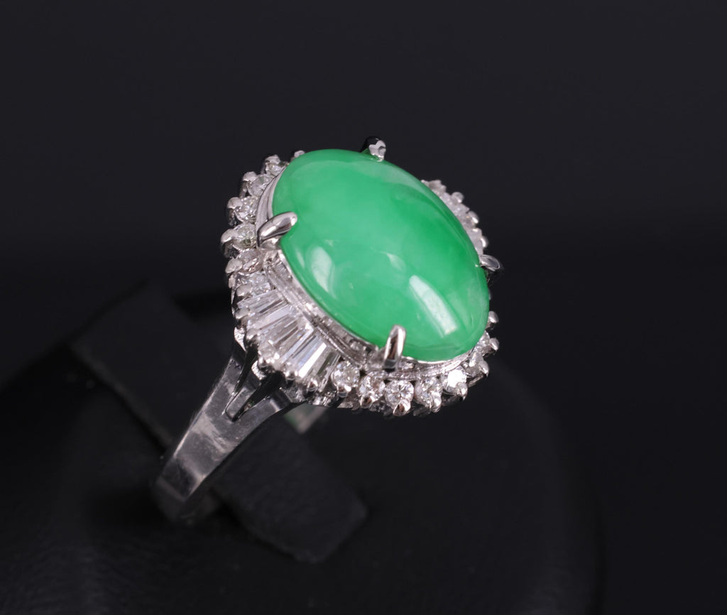 5.22ct Natural Apple Green Jadeite Jade & 0.68ct Diamond Platinum Ring Size 8.75