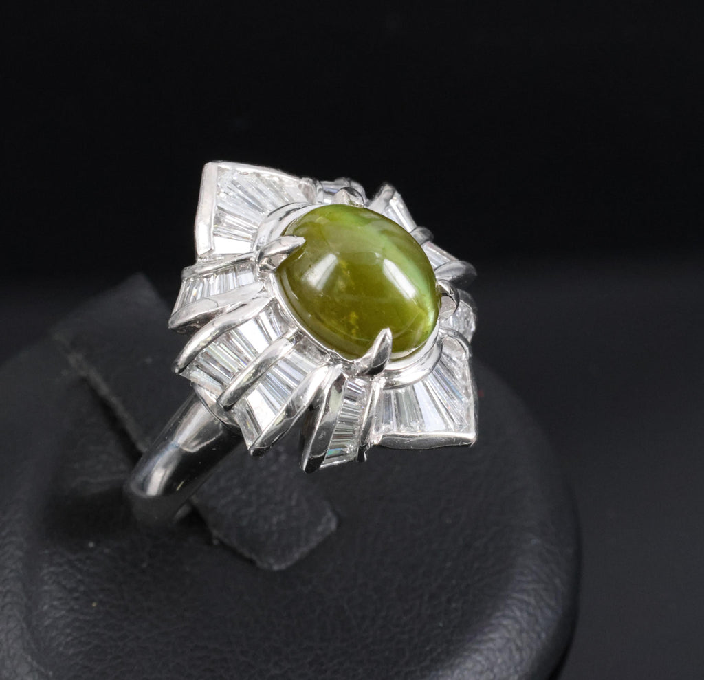 5.98ct Natural Chrysoberyl Cat's Eye & 1.28ct Diamond Platinum Ring, Size 6.25