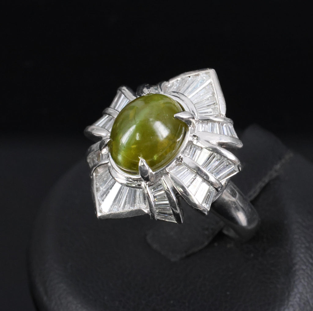 5.98ct Natural Chrysoberyl Cat's Eye & 1.28ct Diamond Platinum Ring, Size 6.25
