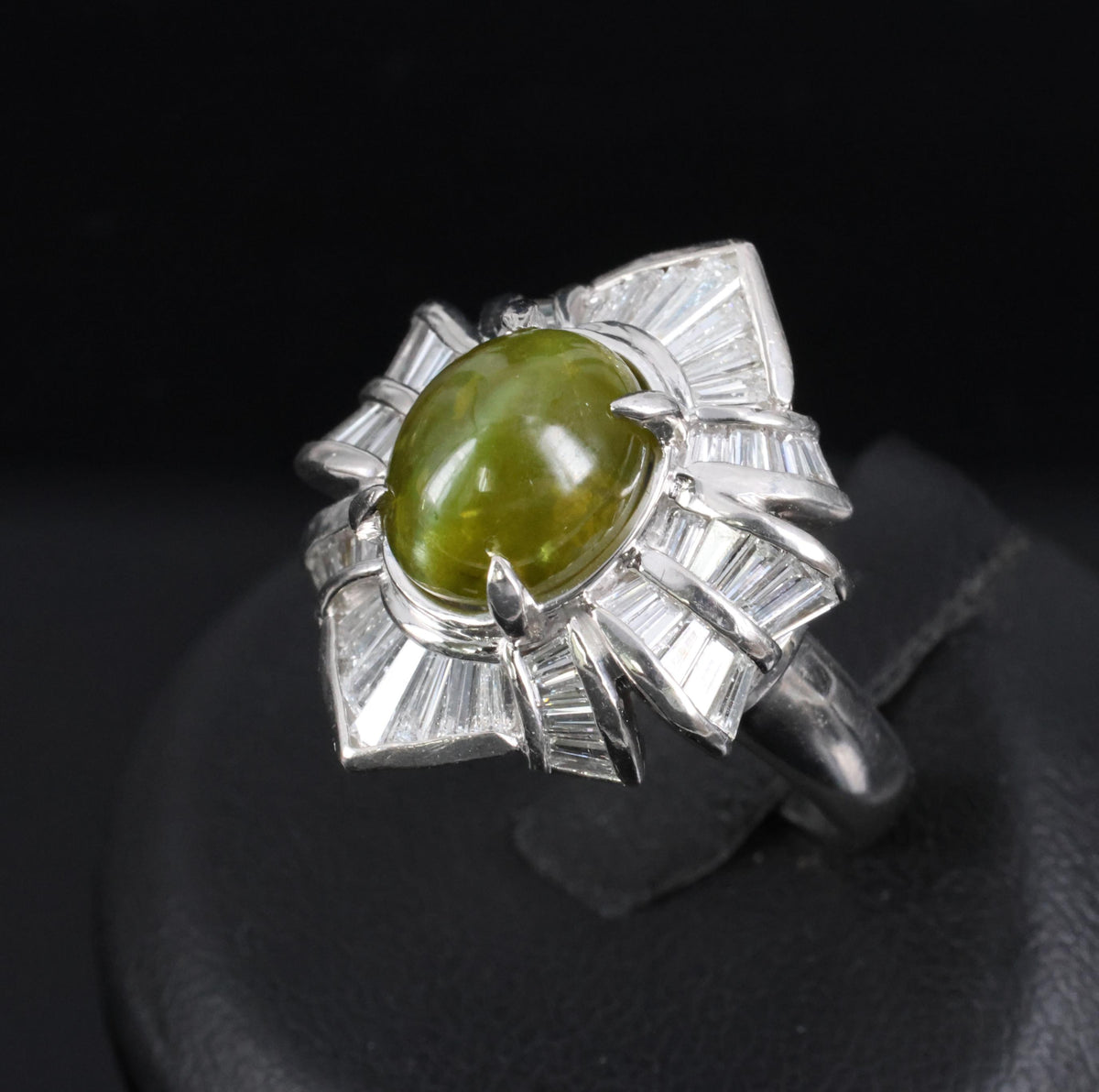5.98ct Natural Chrysoberyl Cat's Eye & 1.28ct Diamond Platinum Ring, Size 6.25