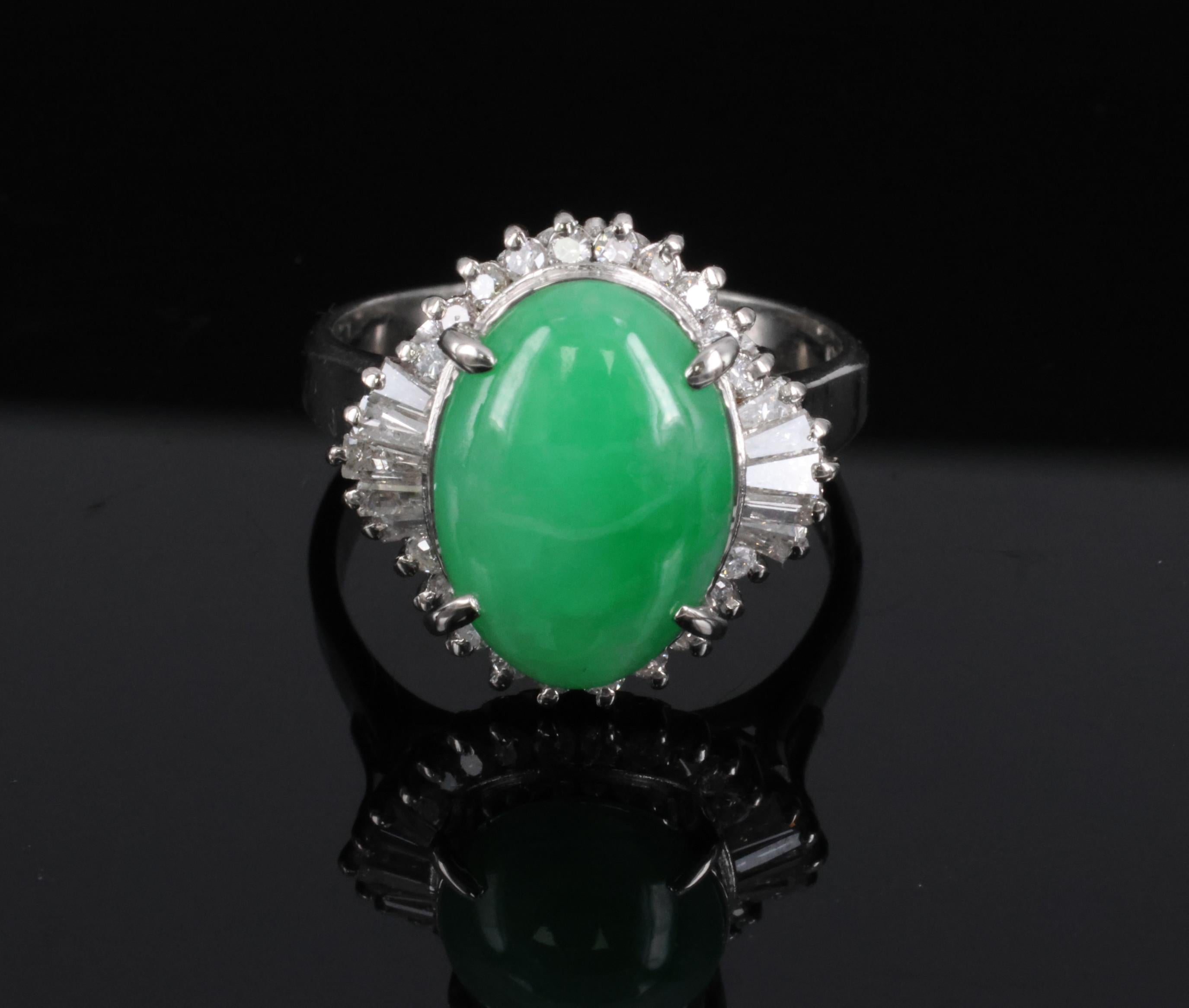 5.22ct Natural Apple Green Jadeite Jade & 0.68ct Diamond Platinum Ring Size 8.75