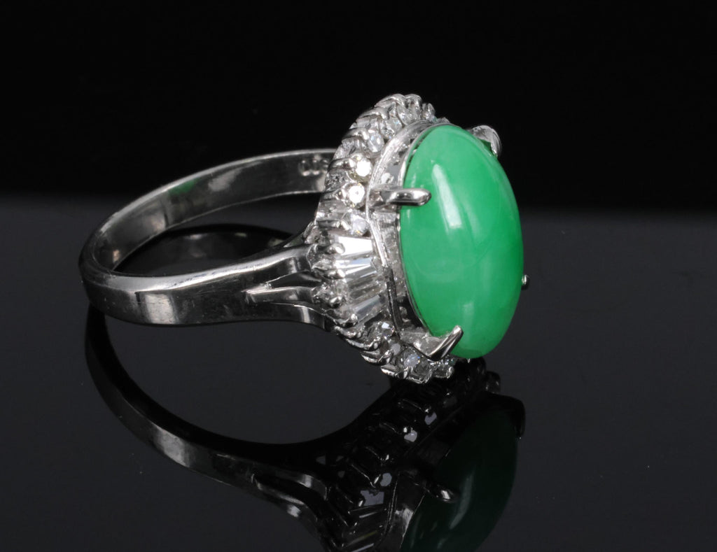 5.22ct Natural Apple Green Jadeite Jade & 0.68ct Diamond Platinum Ring Size 8.75