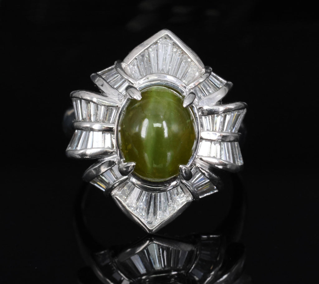 5.98ct Natural Chrysoberyl Cat's Eye & 1.28ct Diamond Platinum Ring, Size 6.25