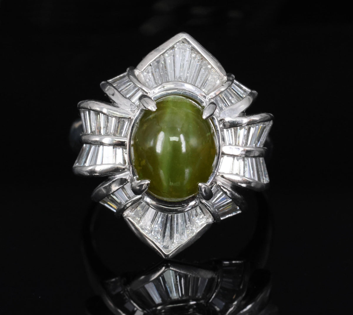 5.98ct Natural Chrysoberyl Cat's Eye & 1.28ct Diamond Platinum Ring, Size 6.25