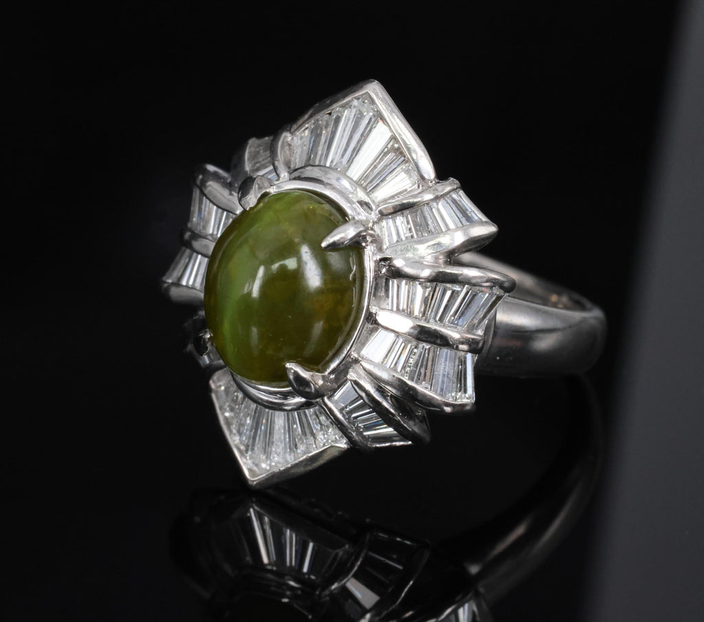 5.98ct Natural Chrysoberyl Cat's Eye & 1.28ct Diamond Platinum Ring, Size 6.25