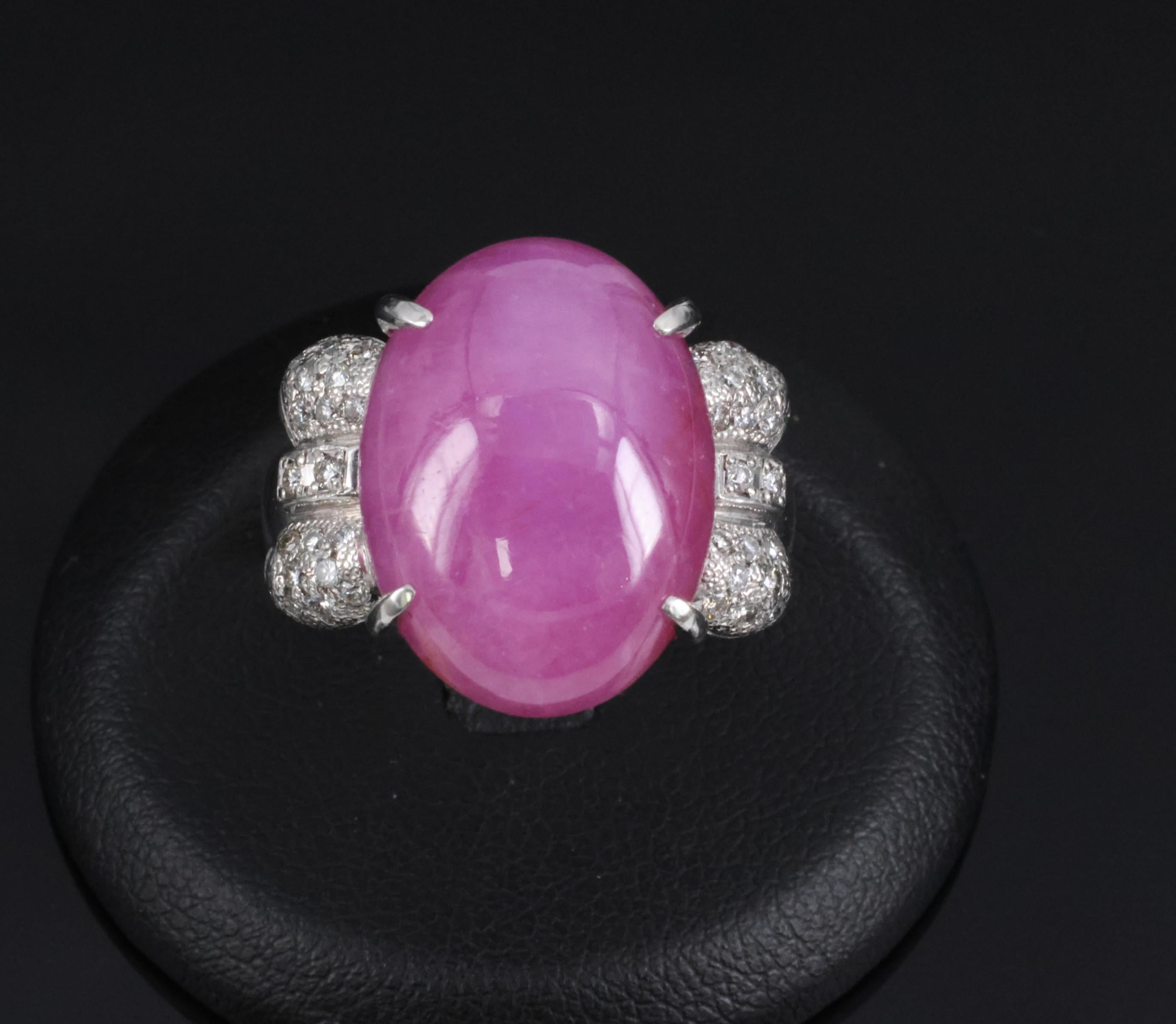 Rare 21.42ct Natural Pink Star Sapphire & 0.32ct Diamond Platinum Ring, Size 8.5