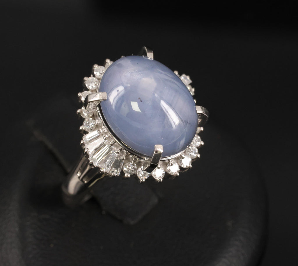 13.87ct Natural Untreated Star Sapphire & 0.65ct Diamond Platinum Ring, Size 5.5