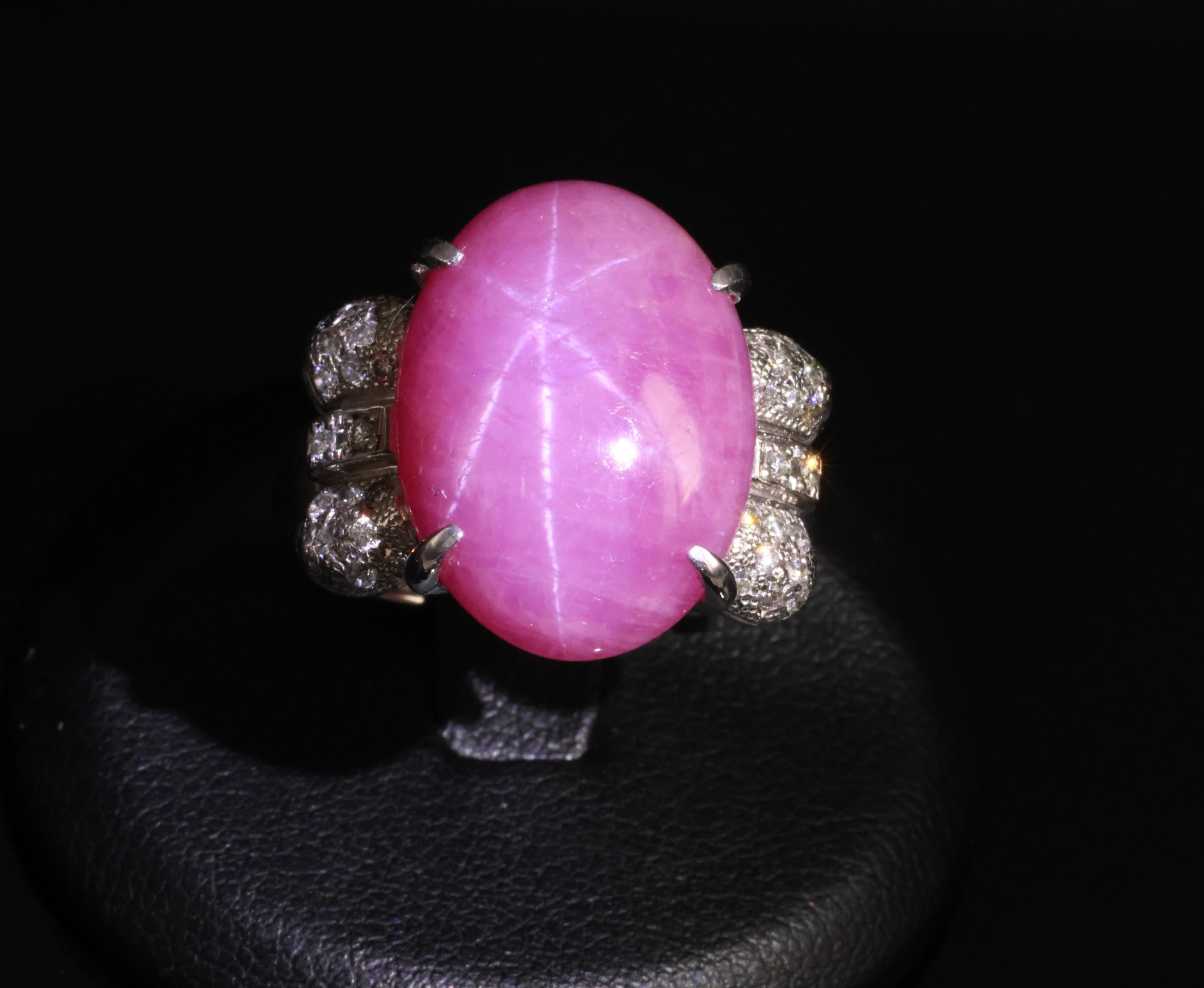 Rare 21.42ct Natural Pink Star Sapphire & 0.32ct Diamond Platinum Ring, Size 8.5