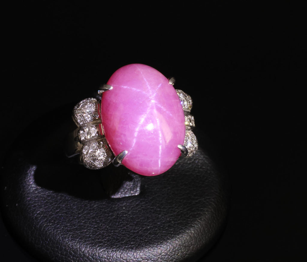 Rare 21.42ct Natural Pink Star Sapphire & 0.32ct Diamond Platinum Ring, Size 8.5