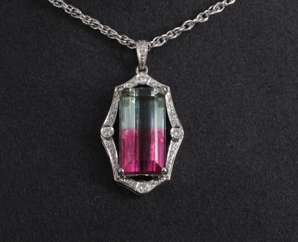 Fine 12.23ct Natural Watermelon Tourmaline & 0.24ct Diamond Platinum Necklace