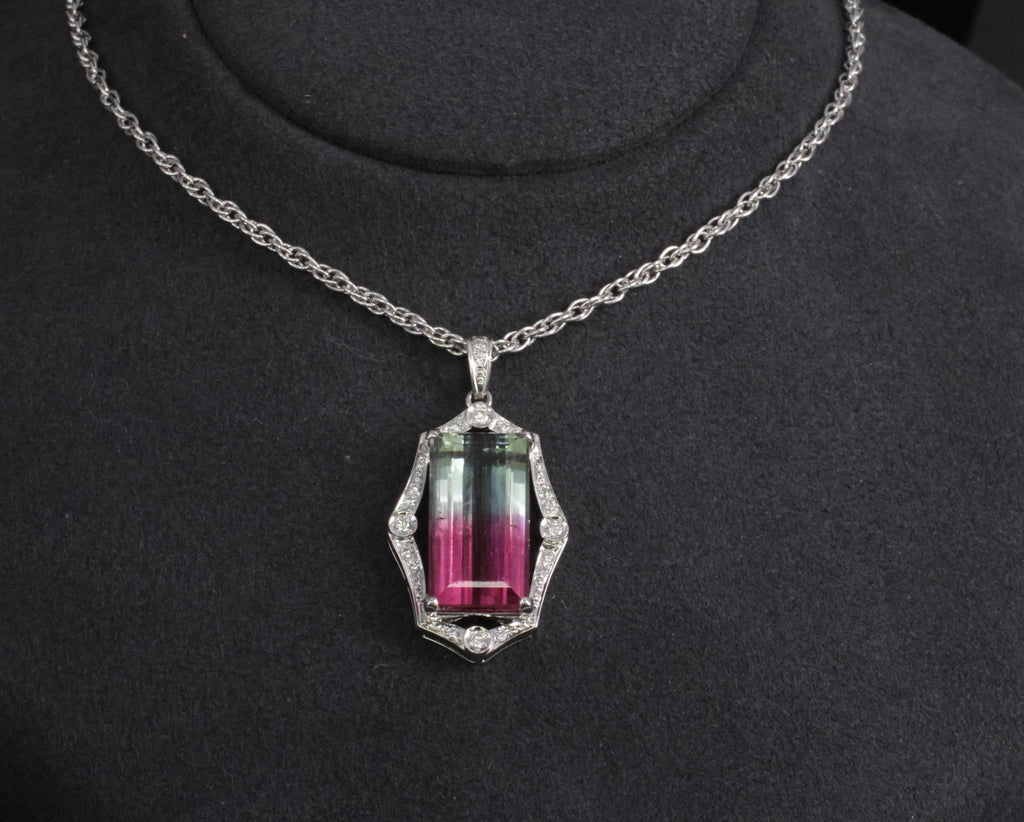 Fine 12.23ct Natural Watermelon Tourmaline & 0.24ct Diamond Platinum Necklace