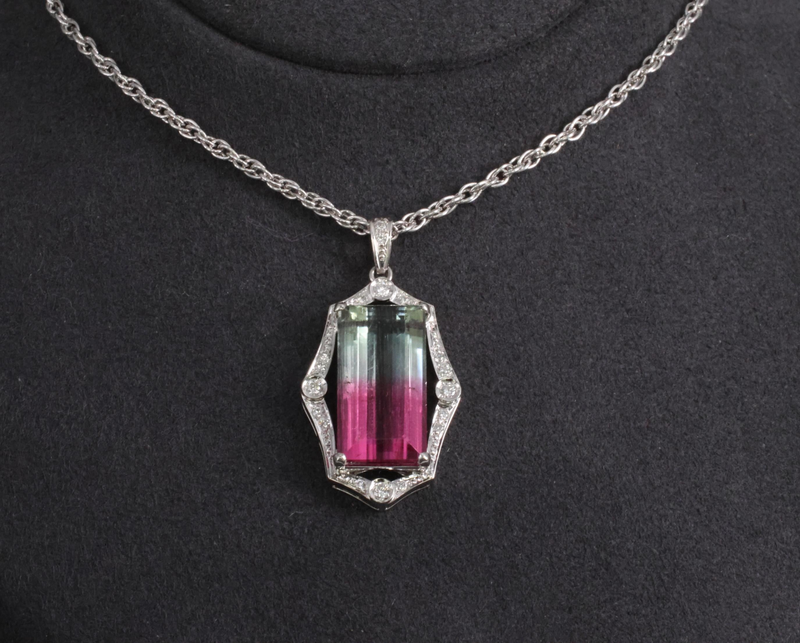 Fine 12.23ct Natural Watermelon Tourmaline & 0.24ct Diamond Platinum Necklace