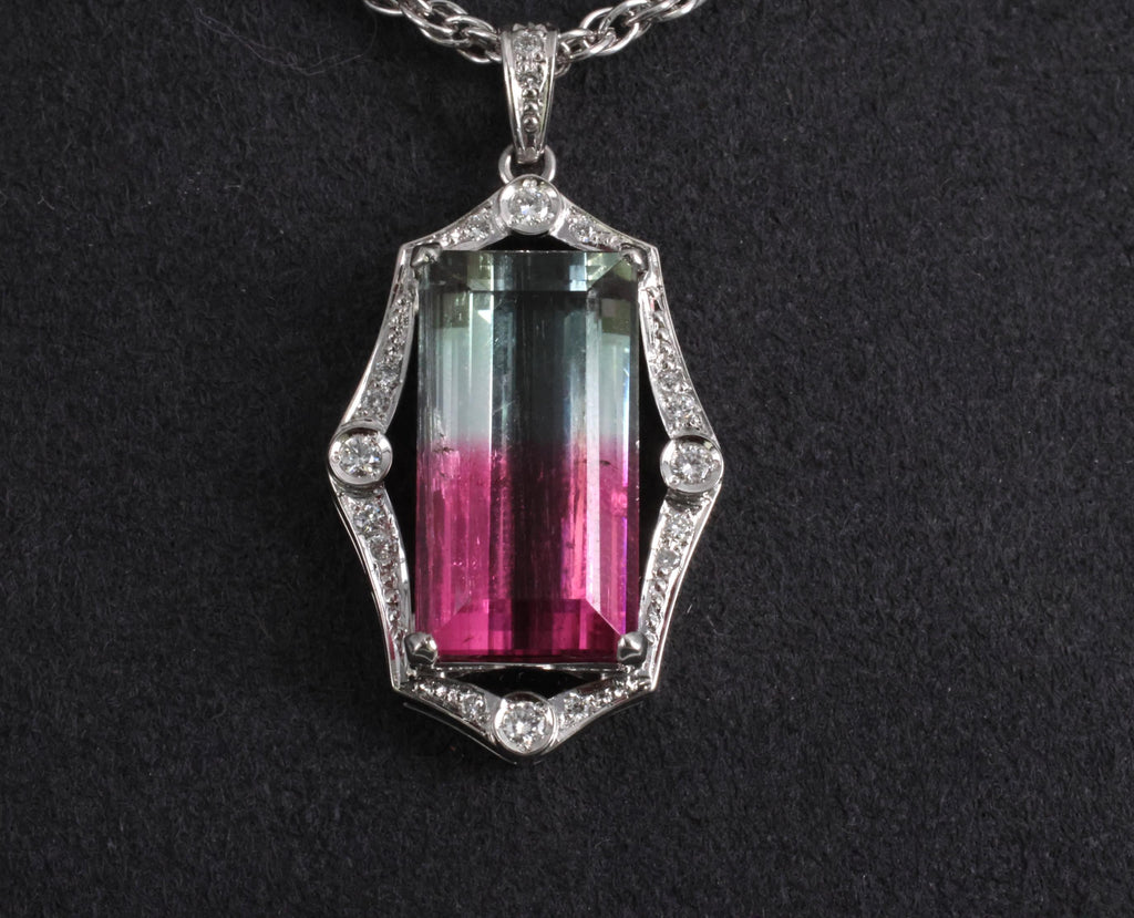 Fine 12.23ct Natural Watermelon Tourmaline & 0.24ct Diamond Platinum Necklace