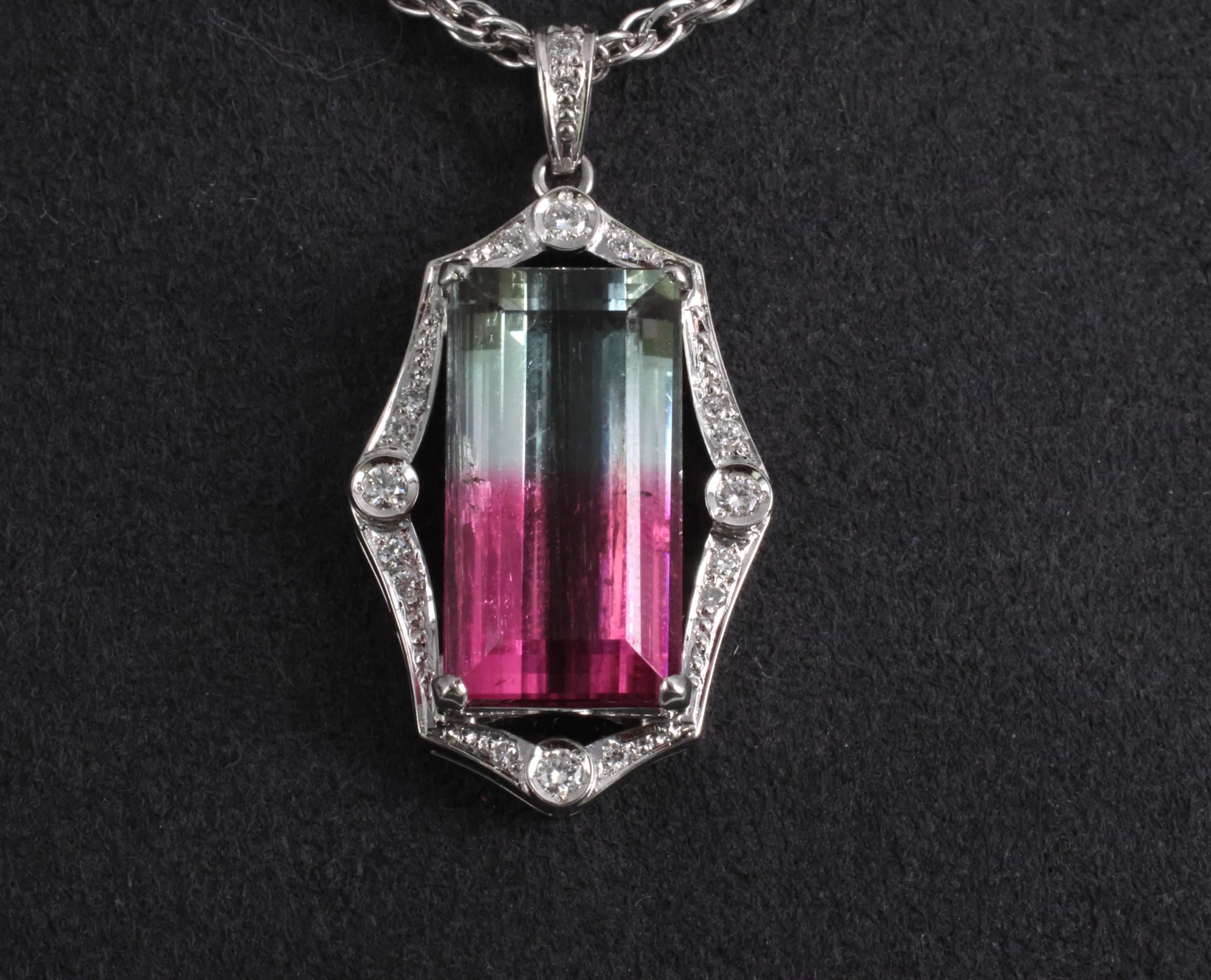 Fine 12.23ct Natural Watermelon Tourmaline & 0.24ct Diamond Platinum Necklace