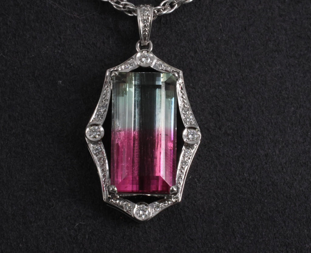 Fine 12.23ct Natural Watermelon Tourmaline & 0.24ct Diamond Platinum Necklace