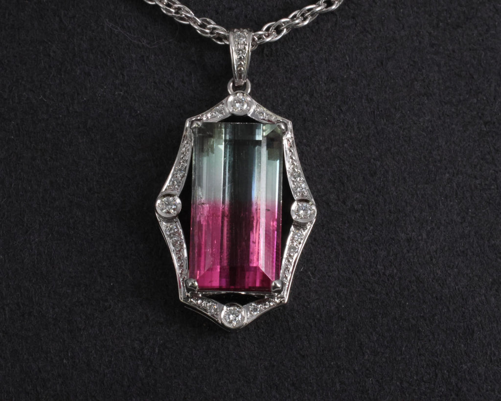 Fine 12.23ct Natural Watermelon Tourmaline & 0.24ct Diamond Platinum Necklace