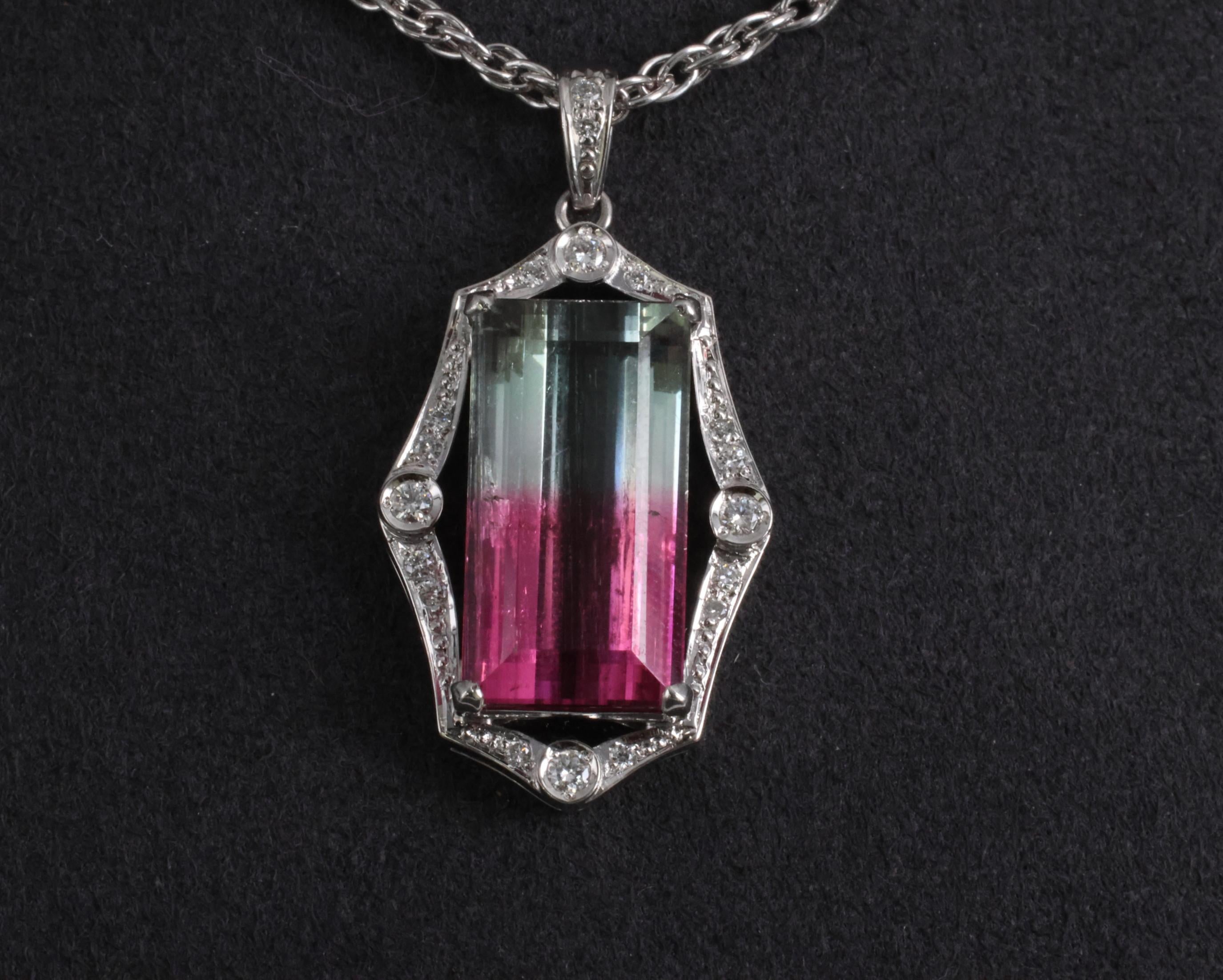 Fine 12.23ct Natural Watermelon Tourmaline & 0.24ct Diamond Platinum Necklace