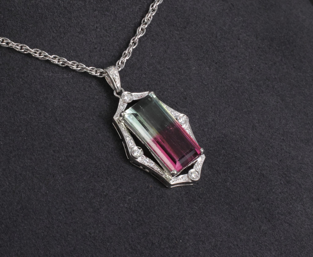 Fine 12.23ct Natural Watermelon Tourmaline & 0.24ct Diamond Platinum Necklace