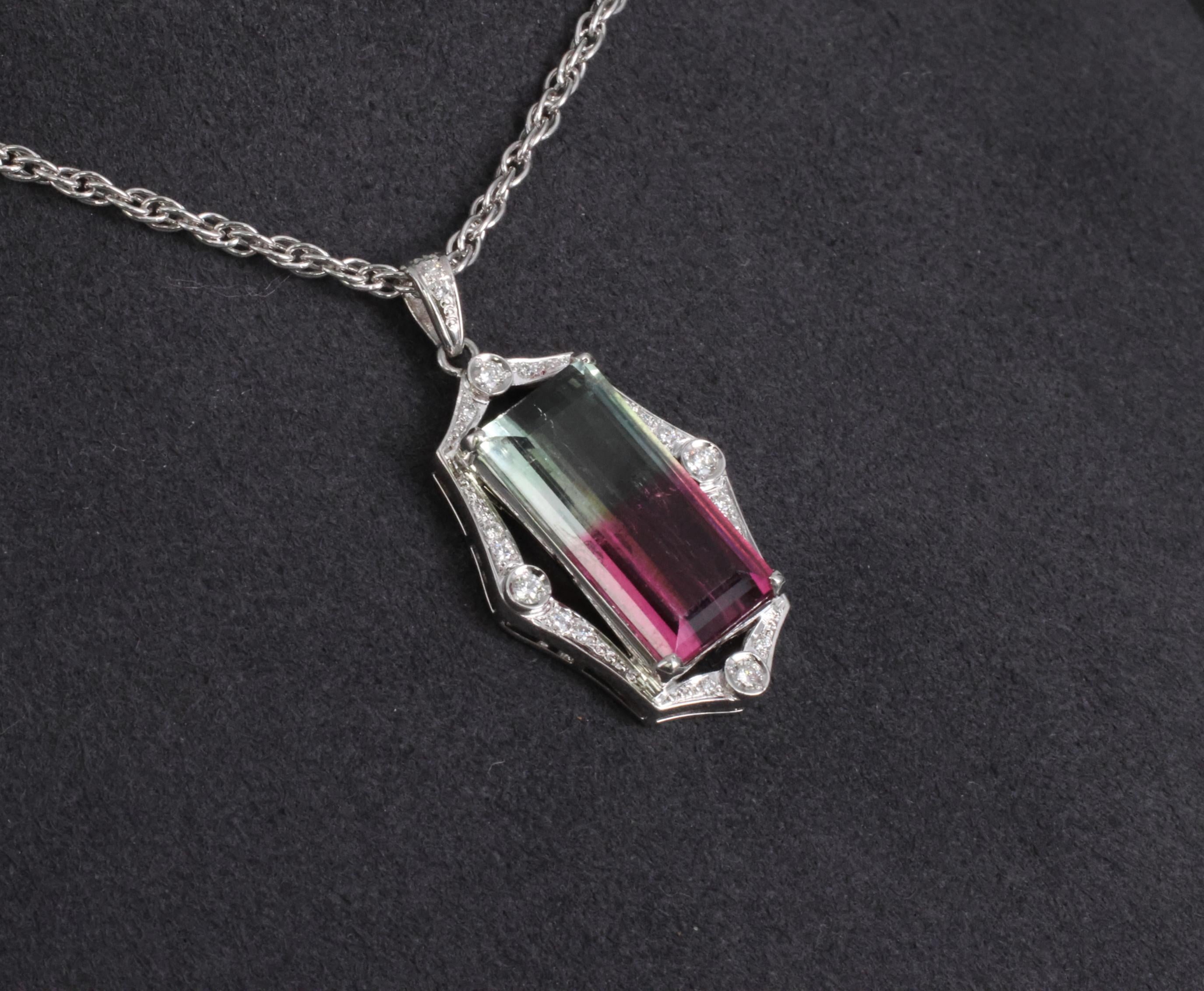 Fine 12.23ct Natural Watermelon Tourmaline & 0.24ct Diamond Platinum Necklace