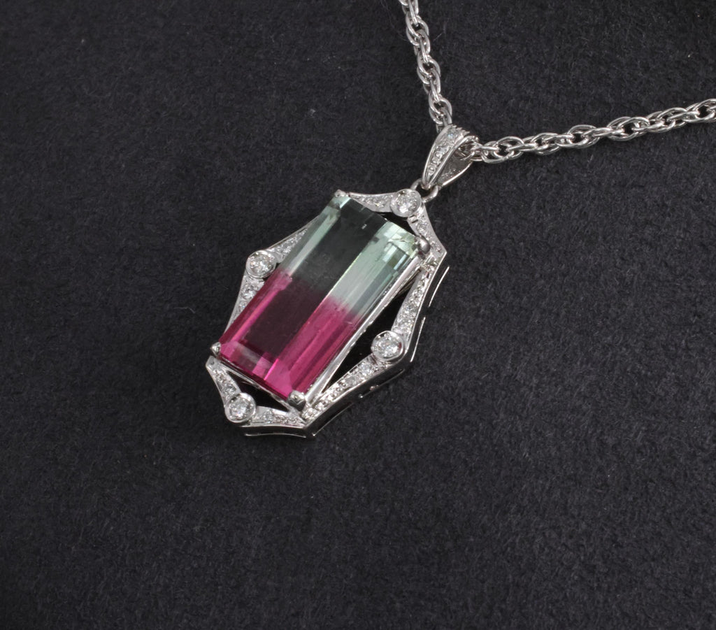 Fine 12.23ct Natural Watermelon Tourmaline & 0.24ct Diamond Platinum Necklace