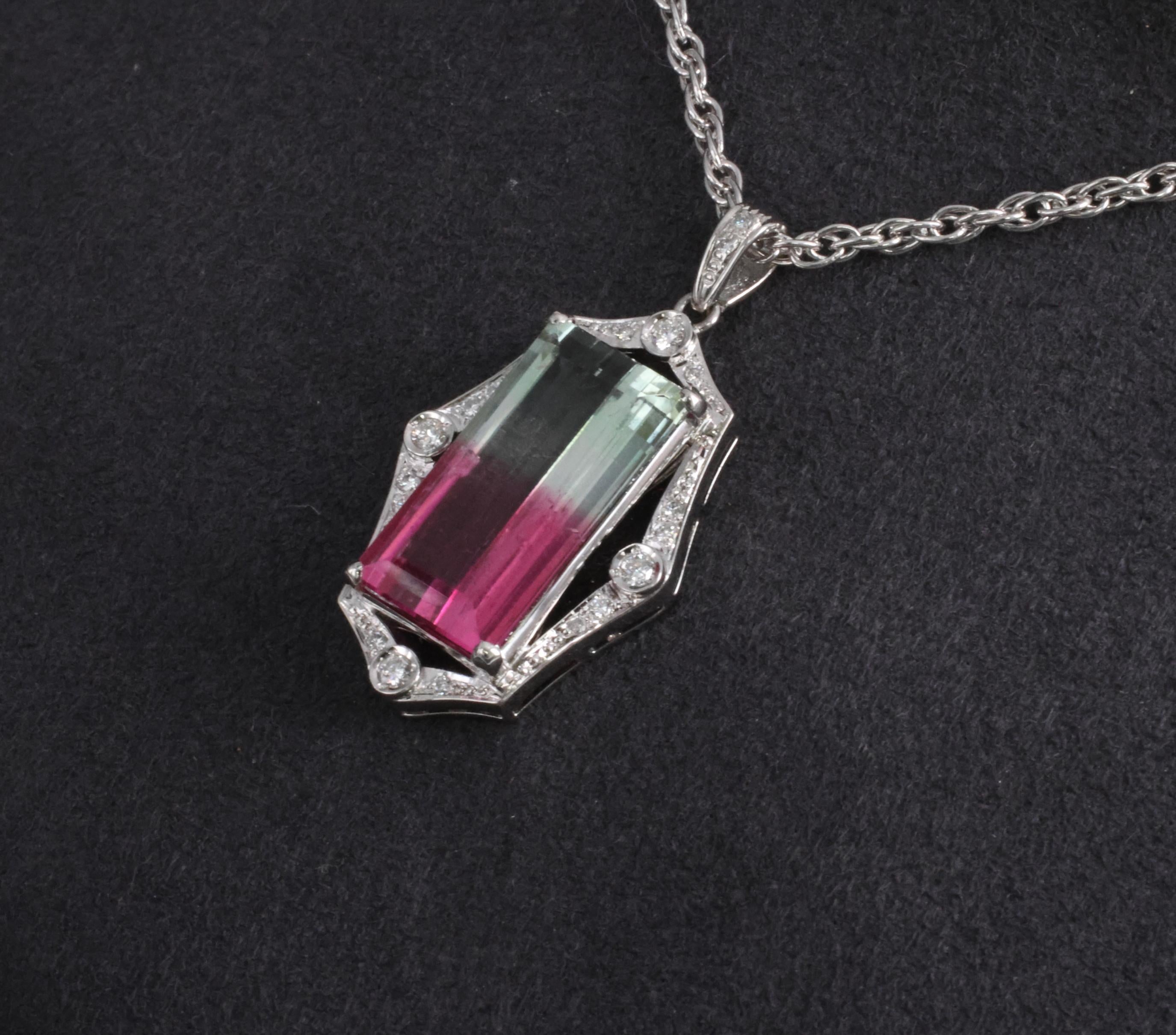 Fine 12.23ct Natural Watermelon Tourmaline & 0.24ct Diamond Platinum Necklace