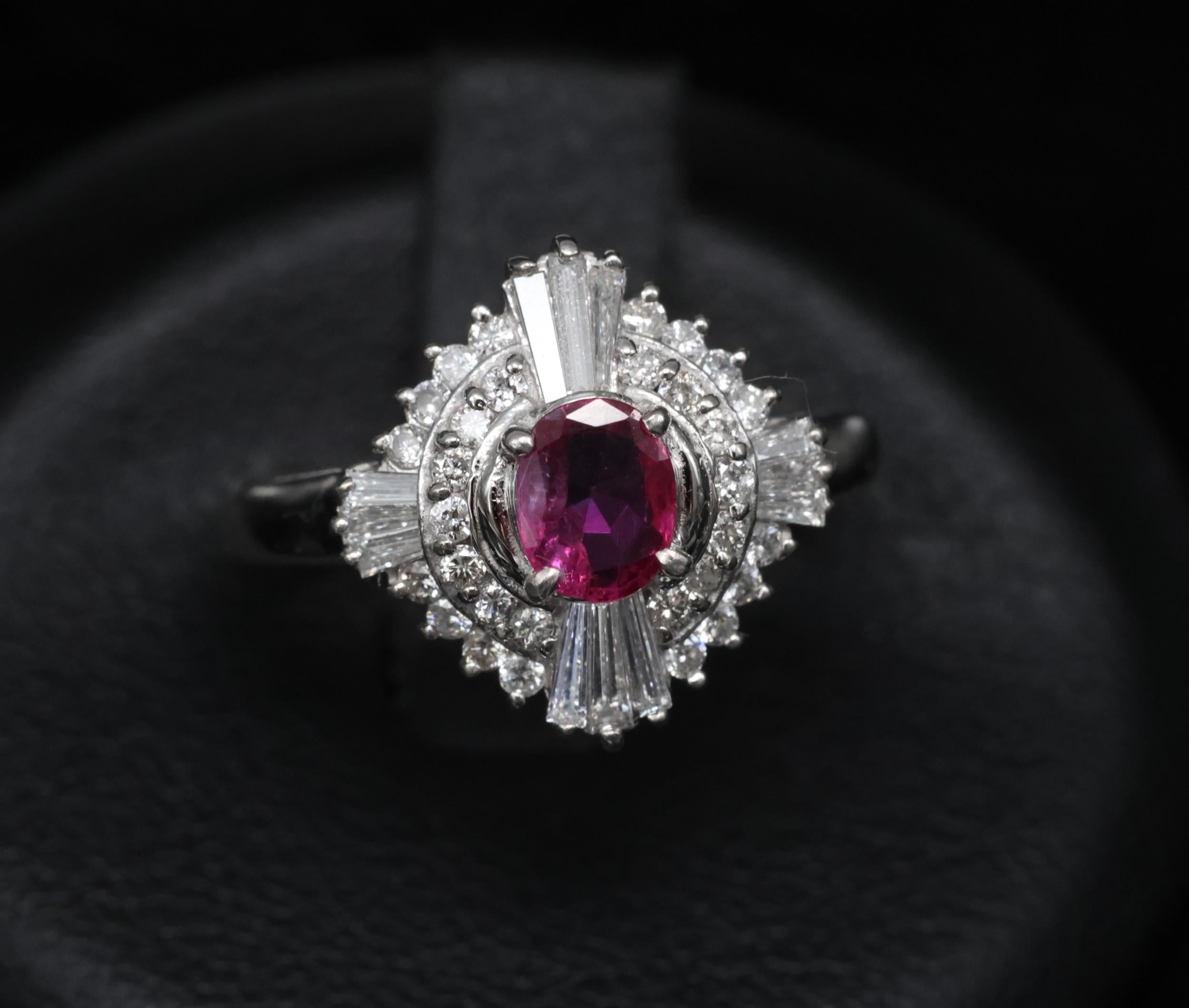 Vintage 0.39ct Ruby & 0.41ct Diamond Platinum Cocktail Ring, Size 4.25