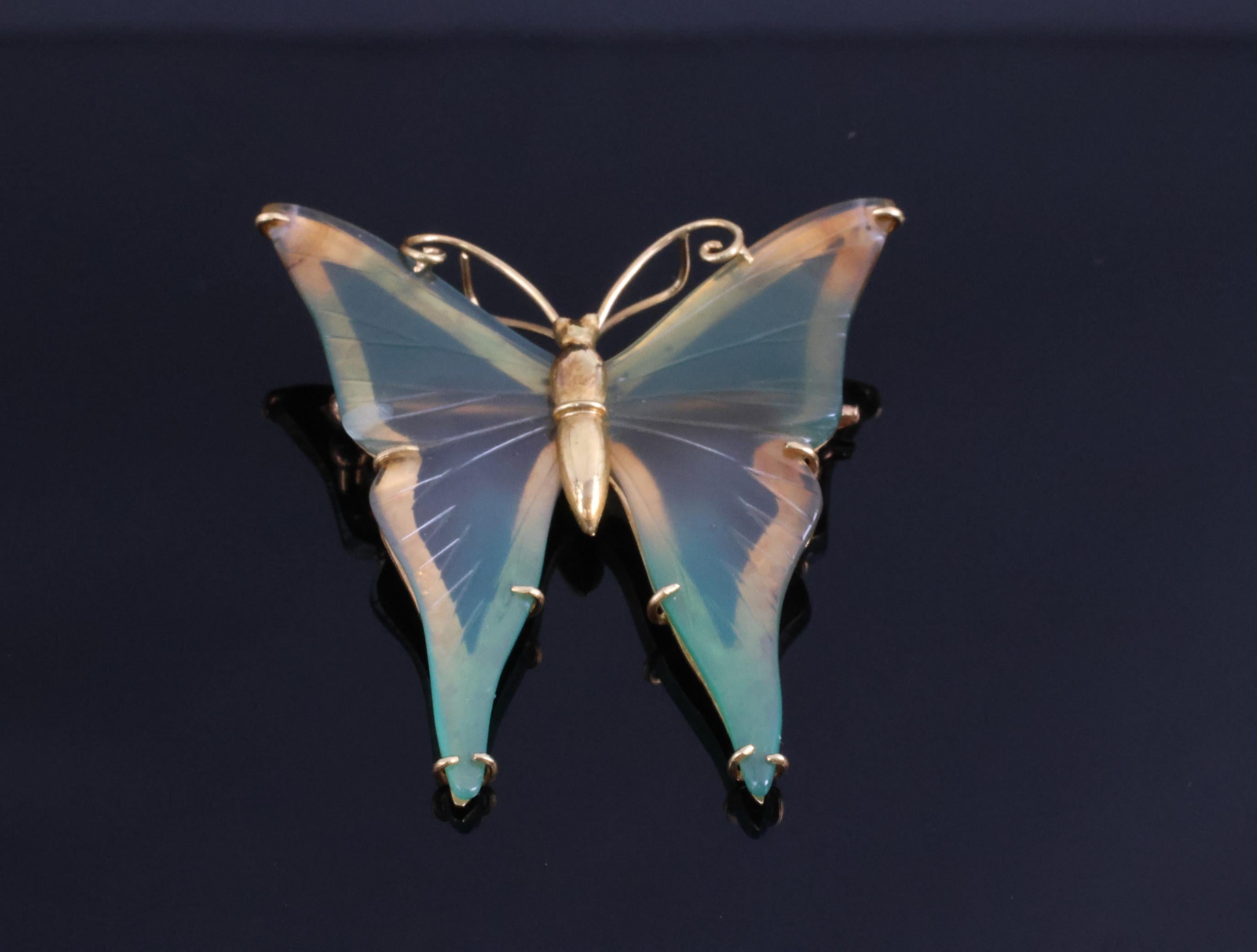 Vintage Natural Quartz & 18K Yellow Gold Butterfly Shape Brooch