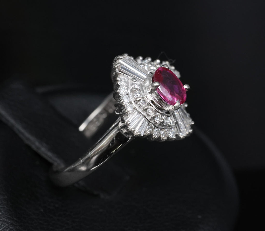 Vintage 0.39ct Ruby & 0.41ct Diamond Platinum Cocktail Ring, Size 4.25