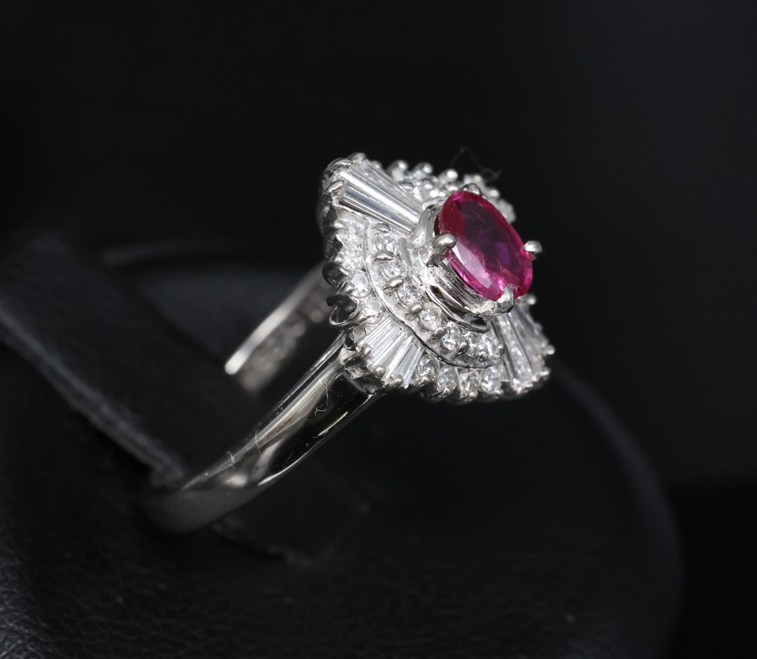 Vintage 0.39ct Ruby & 0.41ct Diamond Platinum Cocktail Ring, Size 4.25