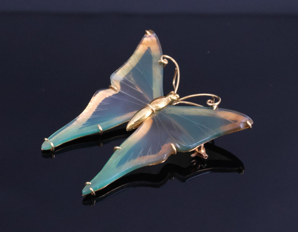 Vintage Natural Quartz & 18K Yellow Gold Butterfly Shape Brooch