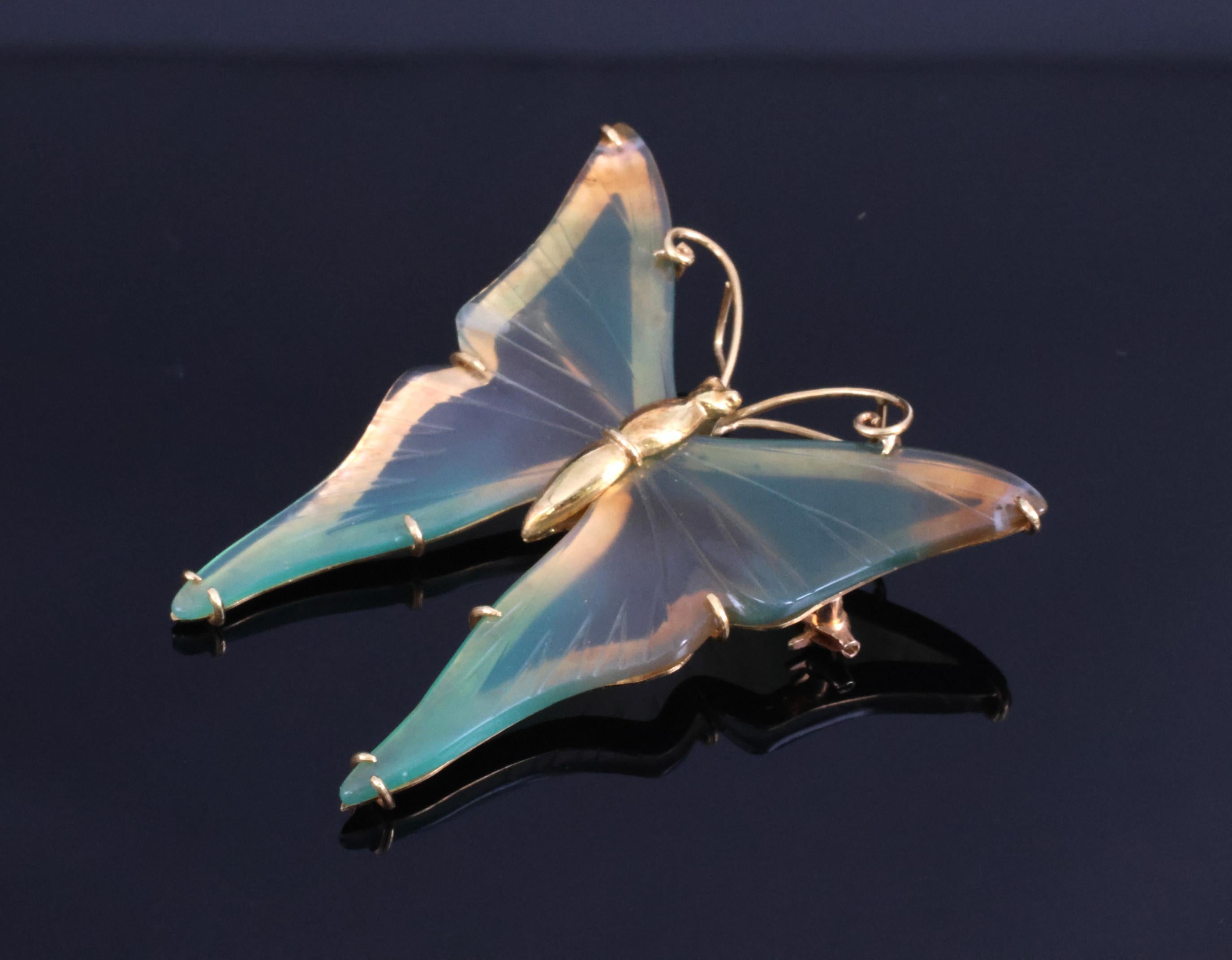 Vintage Natural Quartz & 18K Yellow Gold Butterfly Shape Brooch