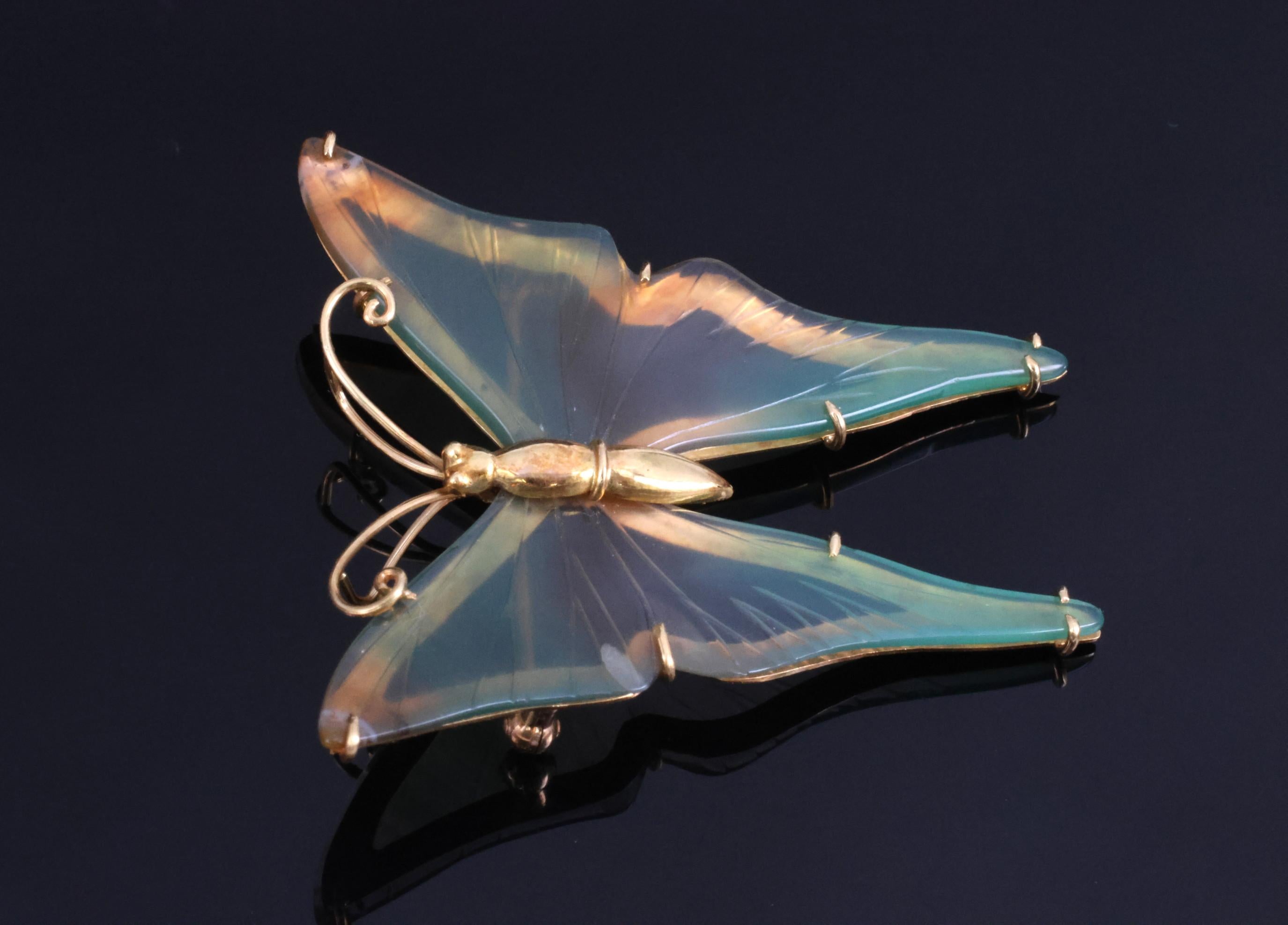 Vintage Natural Quartz & 18K Yellow Gold Butterfly Shape Brooch