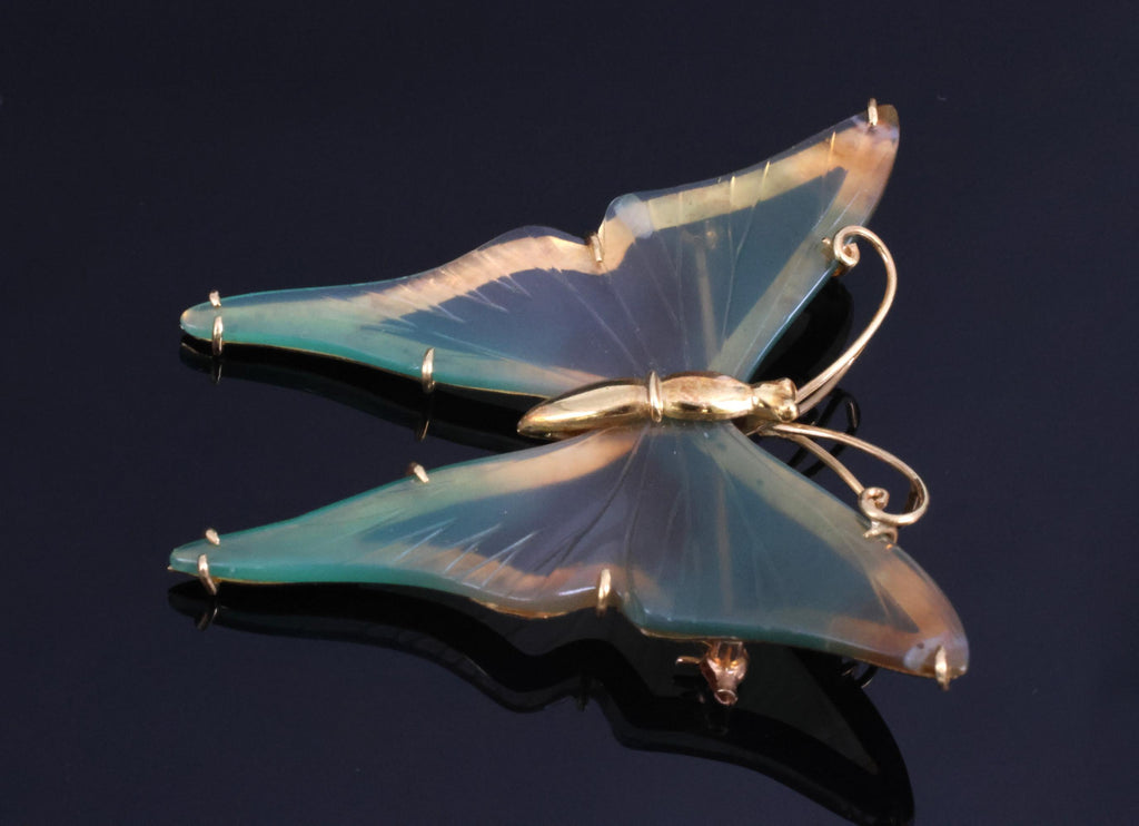 Vintage Natural Quartz & 18K Yellow Gold Butterfly Shape Brooch
