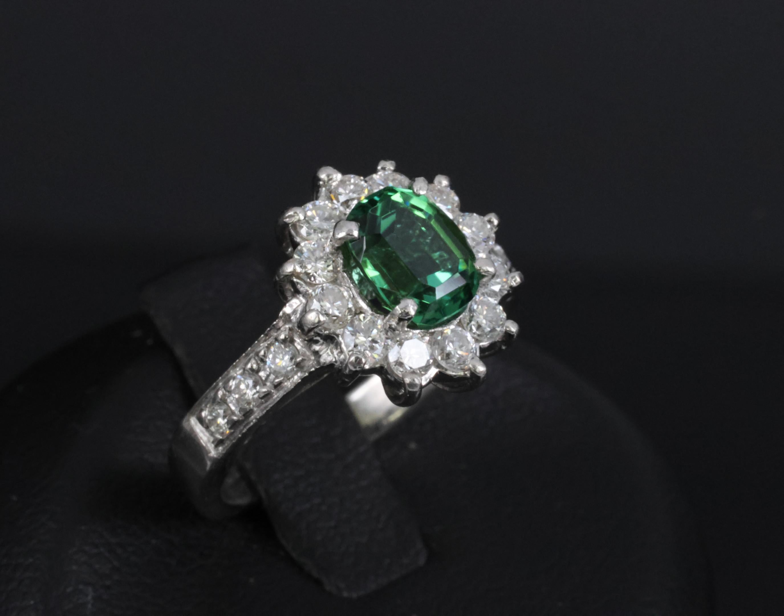 Vintage 1.19ct Chrome Green Tourmaline & 0.73ct Diamond Platinum Ring, Size 5.5