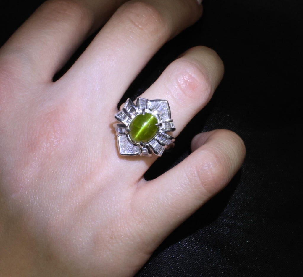 5.98ct Natural Chrysoberyl Cat's Eye & 1.28ct Diamond Platinum Ring, Size 6.25