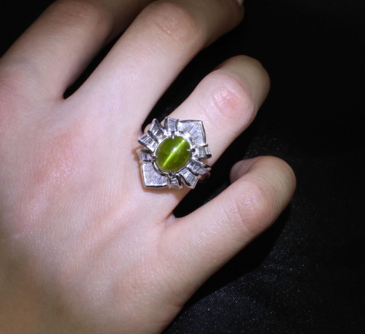 5.98ct Natural Chrysoberyl Cat's Eye & 1.28ct Diamond Platinum Ring, Size 6.25