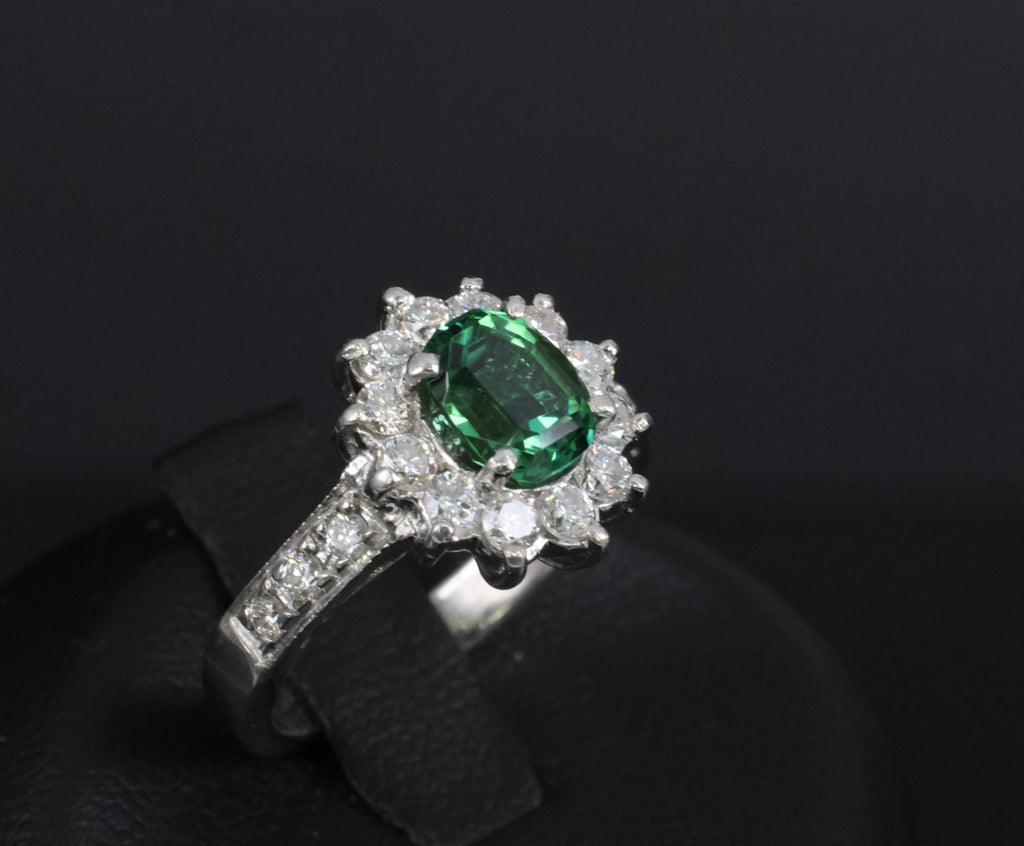 Vintage 1.19ct Chrome Green Tourmaline & 0.73ct Diamond Platinum Ring, Size 5.5