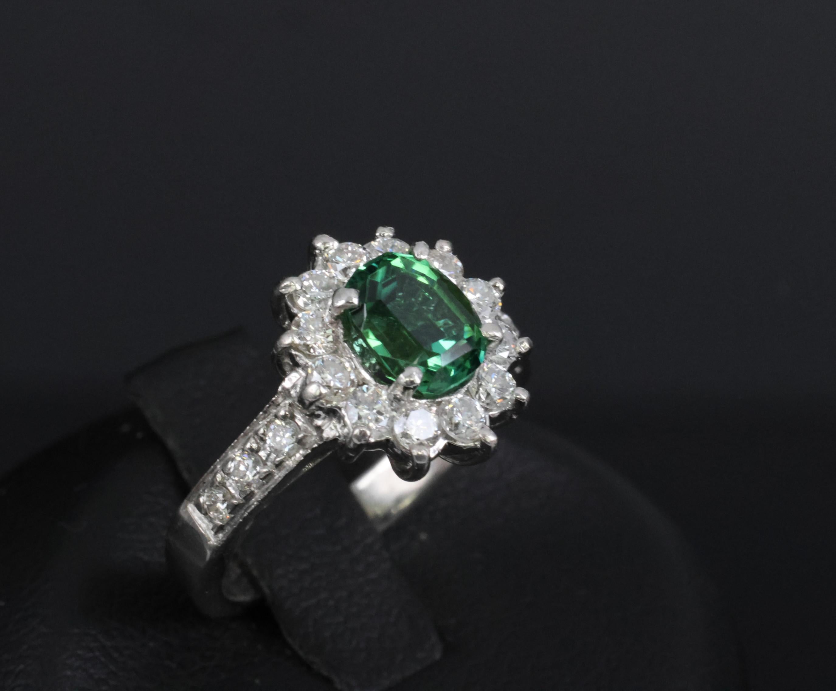 Vintage 1.19ct Chrome Green Tourmaline & 0.73ct Diamond Platinum Ring, Size 5.5