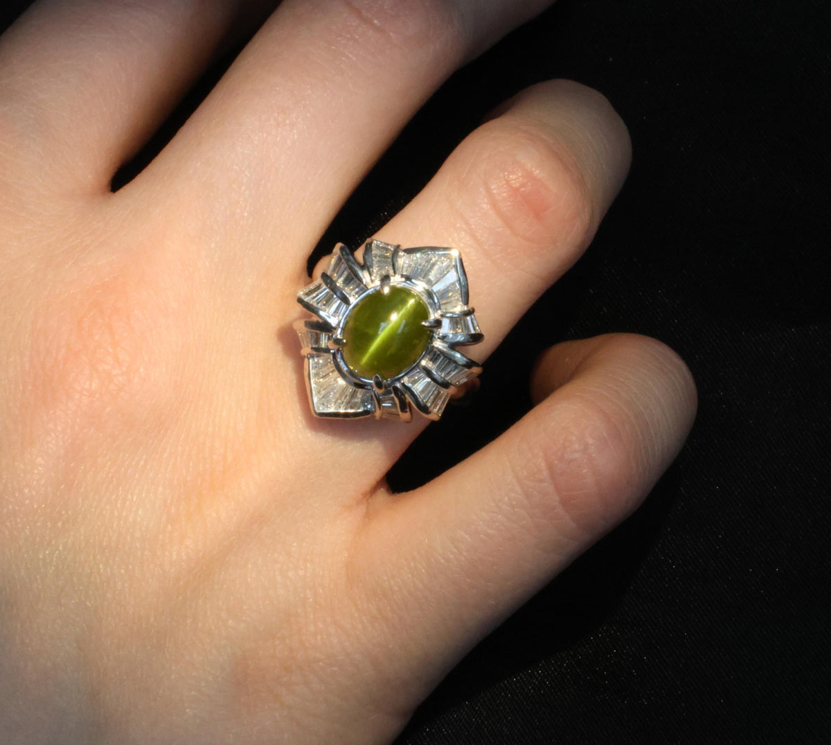 5.98ct Natural Chrysoberyl Cat's Eye & 1.28ct Diamond Platinum Ring, Size 6.25