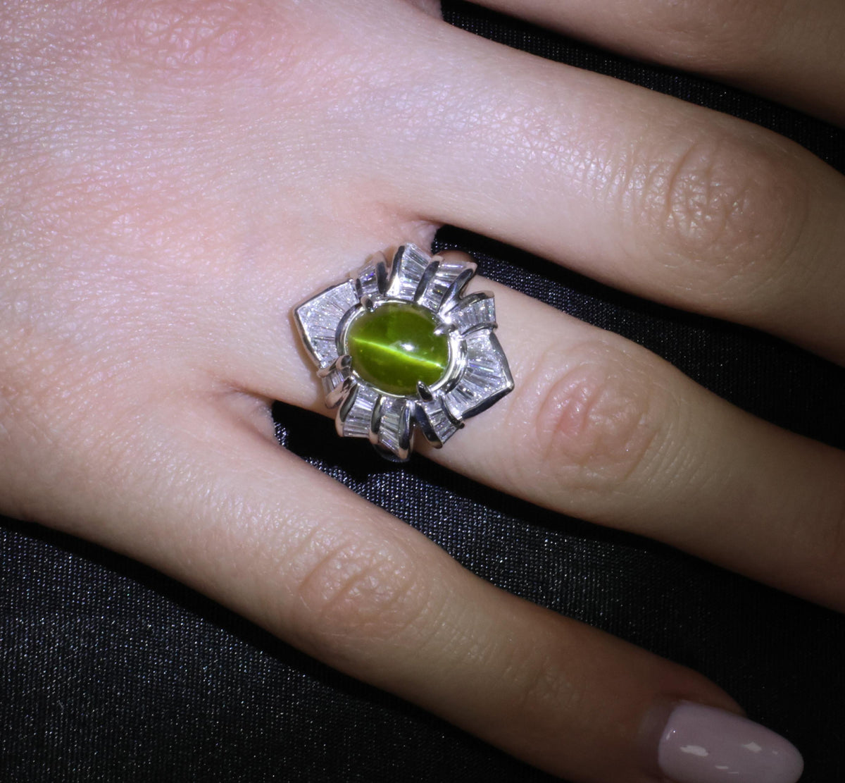 5.98ct Natural Chrysoberyl Cat's Eye & 1.28ct Diamond Platinum Ring, Size 6.25