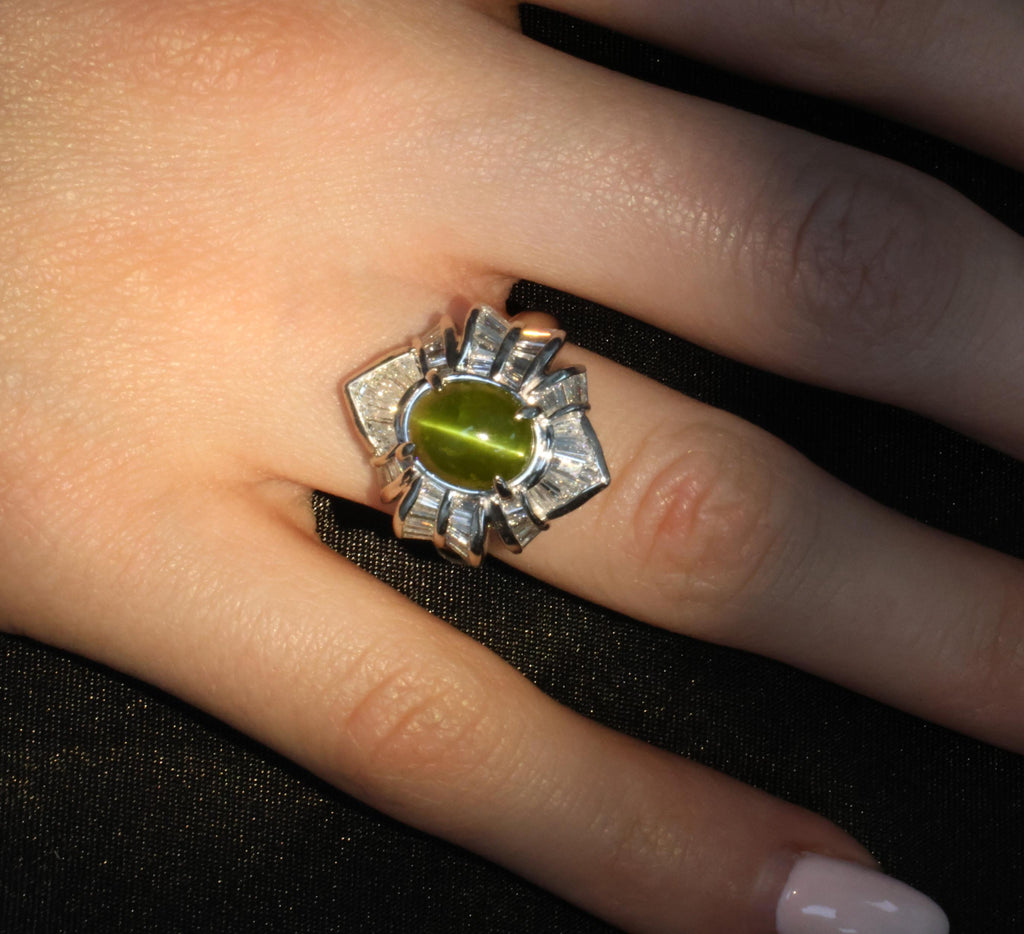 5.98ct Natural Chrysoberyl Cat's Eye & 1.28ct Diamond Platinum Ring, Size 6.25