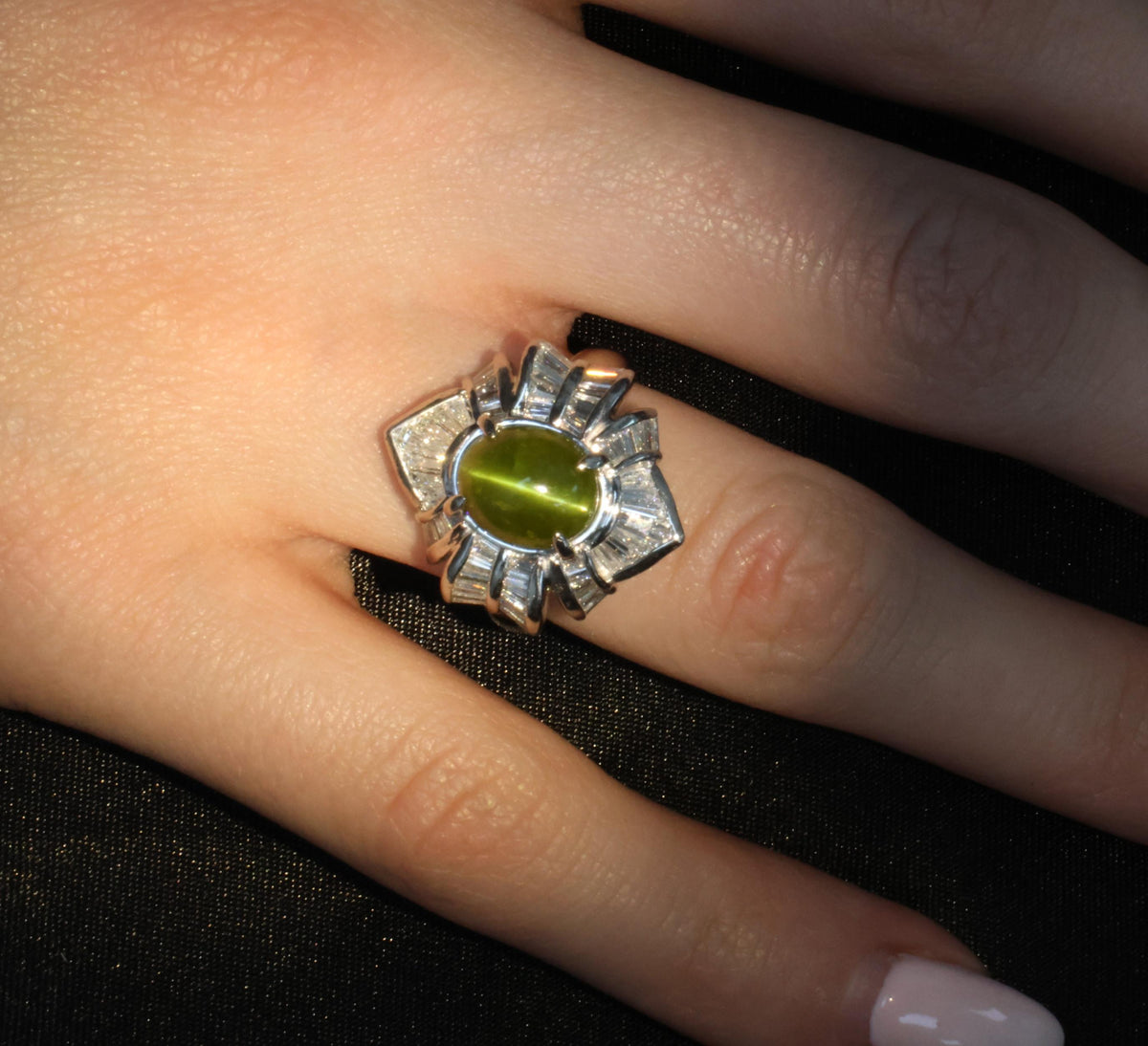 5.98ct Natural Chrysoberyl Cat's Eye & 1.28ct Diamond Platinum Ring, Size 6.25