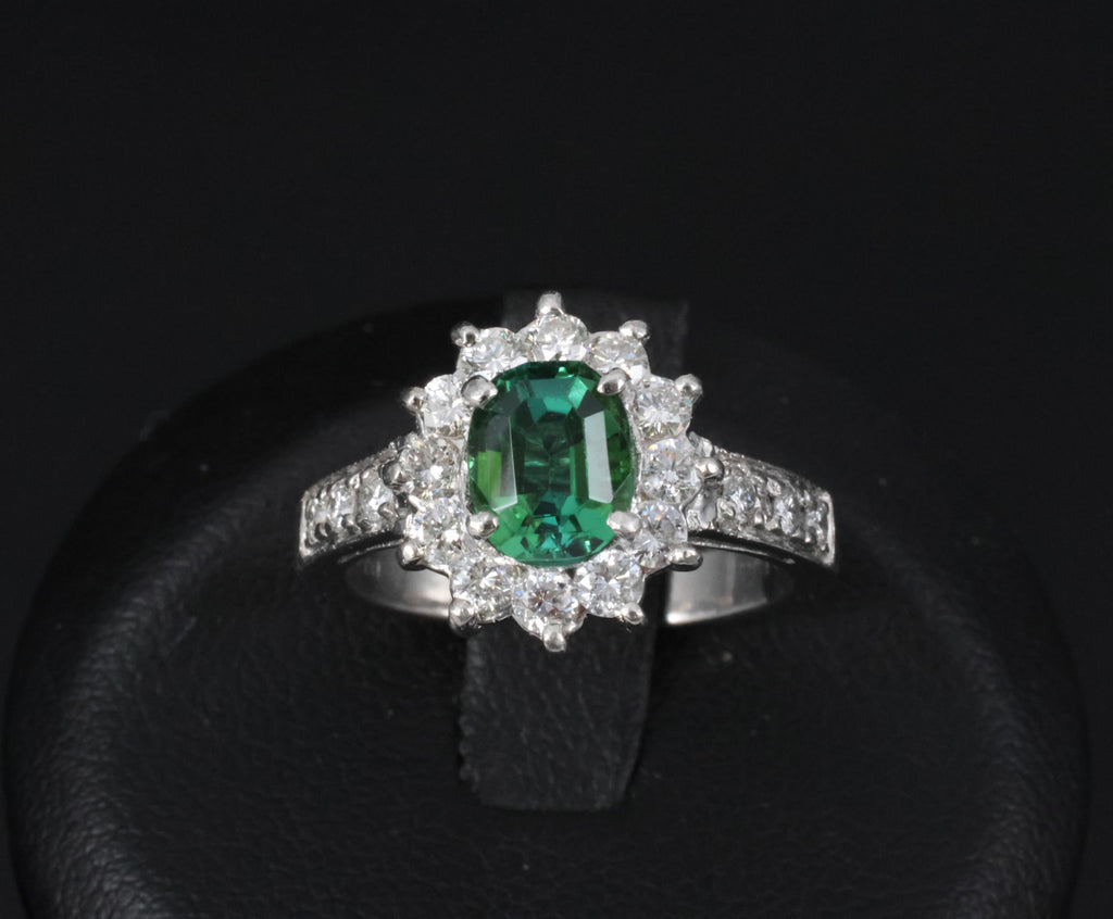 Vintage 1.19ct Chrome Green Tourmaline & 0.73ct Diamond Platinum Ring, Size 5.5