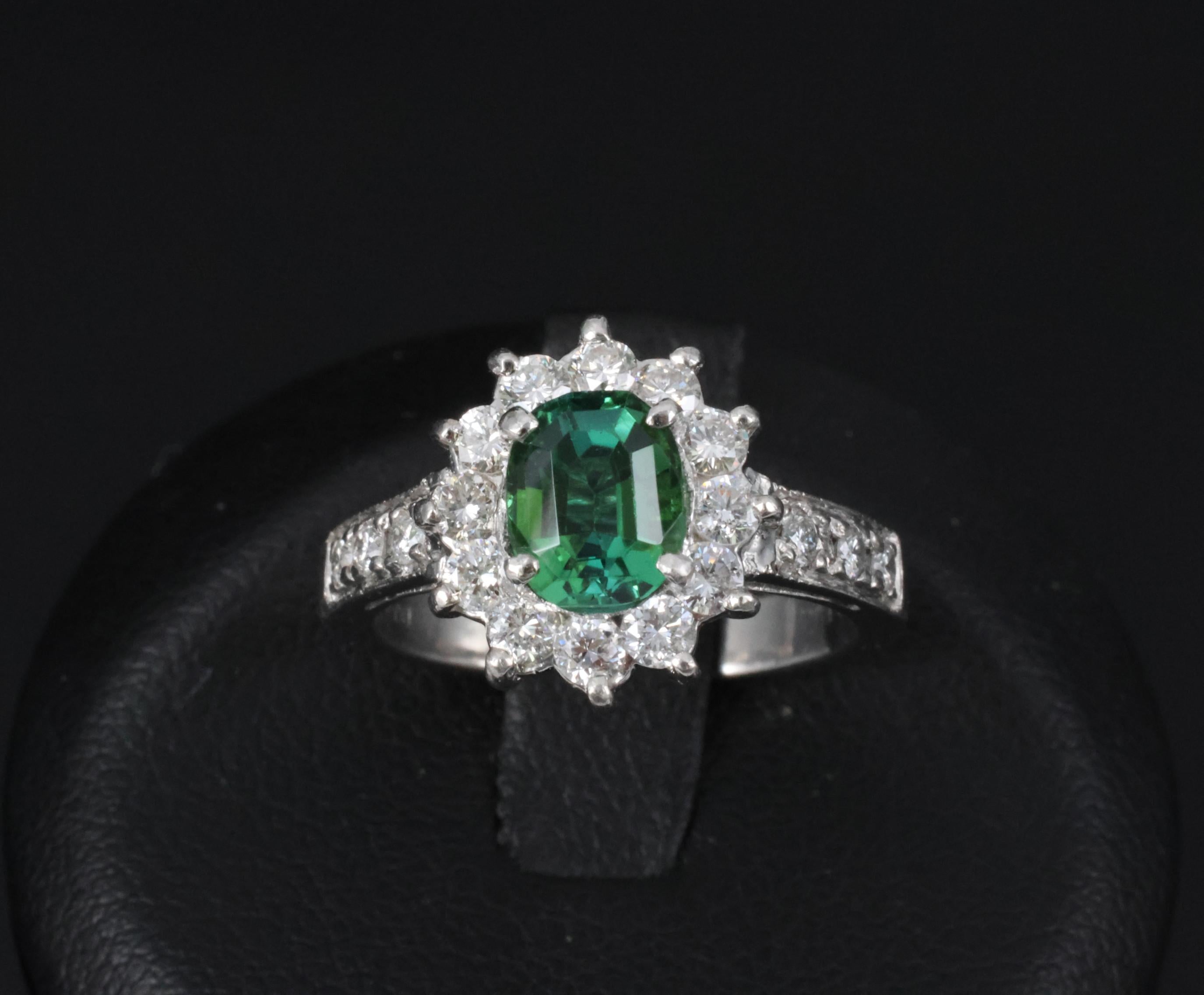 Vintage 1.19ct Chrome Green Tourmaline & 0.73ct Diamond Platinum Ring, Size 5.5