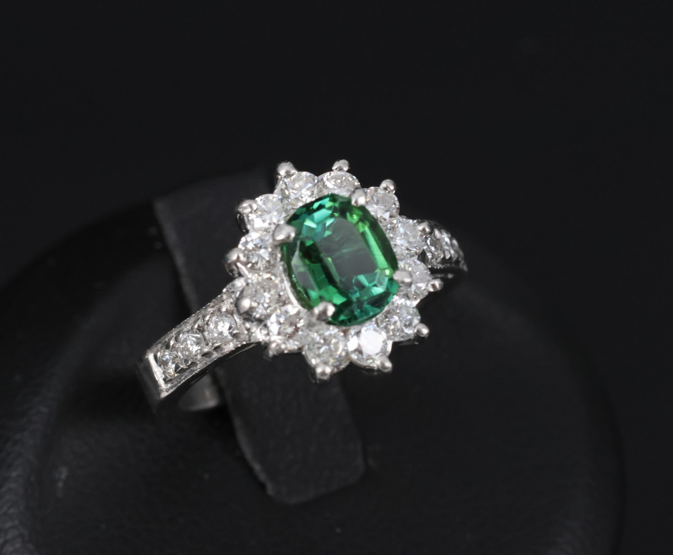 Vintage 1.19ct Chrome Green Tourmaline & 0.73ct Diamond Platinum Ring, Size 5.5