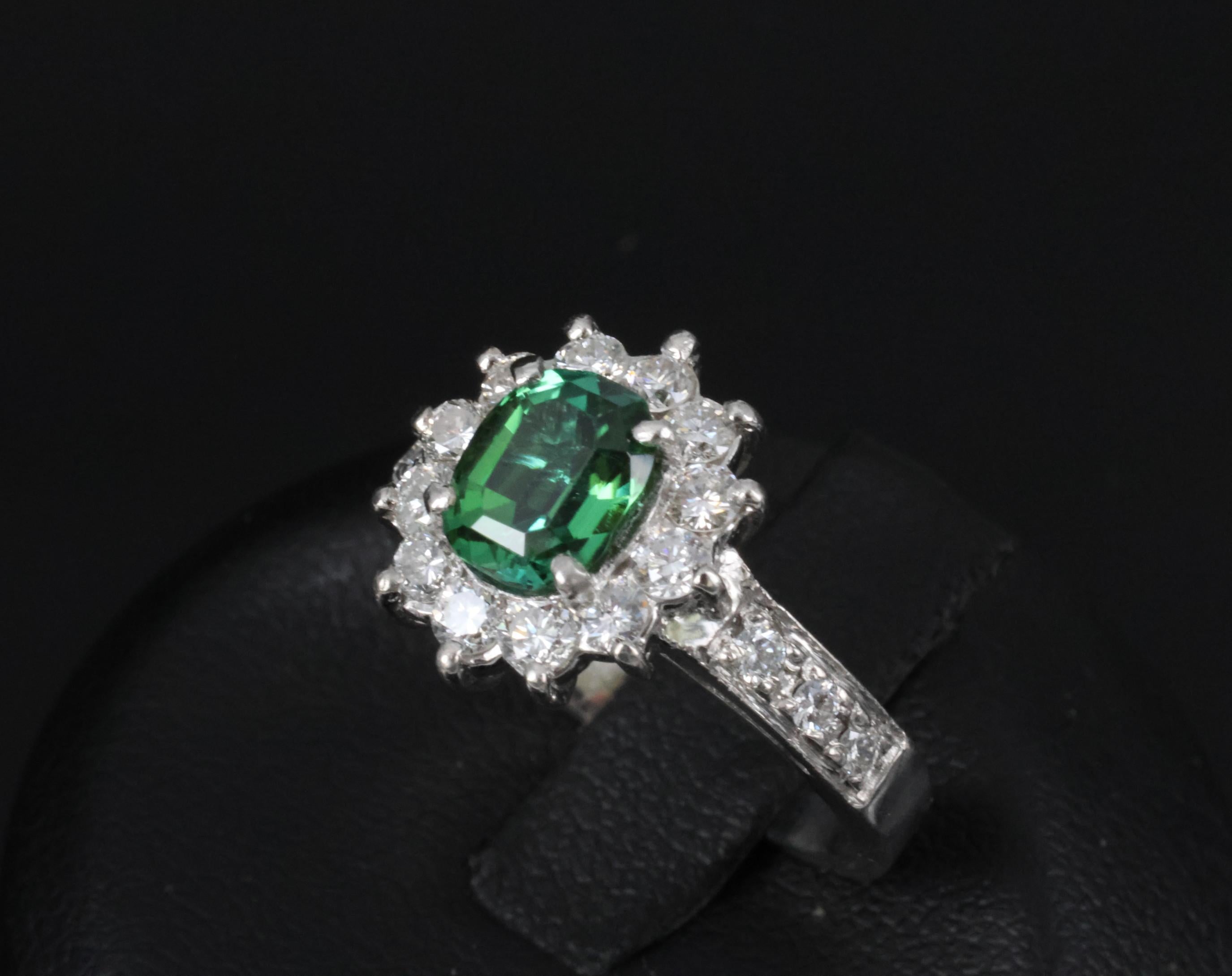Vintage 1.19ct Chrome Green Tourmaline & 0.73ct Diamond Platinum Ring, Size 5.5