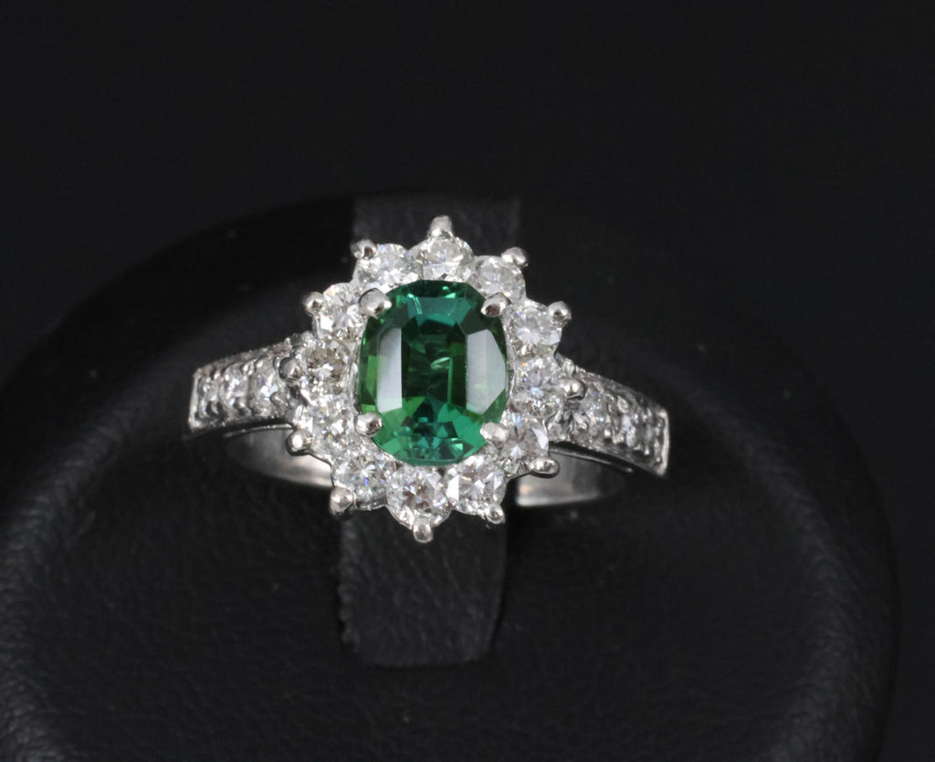 Vintage 1.19ct Chrome Green Tourmaline & 0.73ct Diamond Platinum Ring, Size 5.5