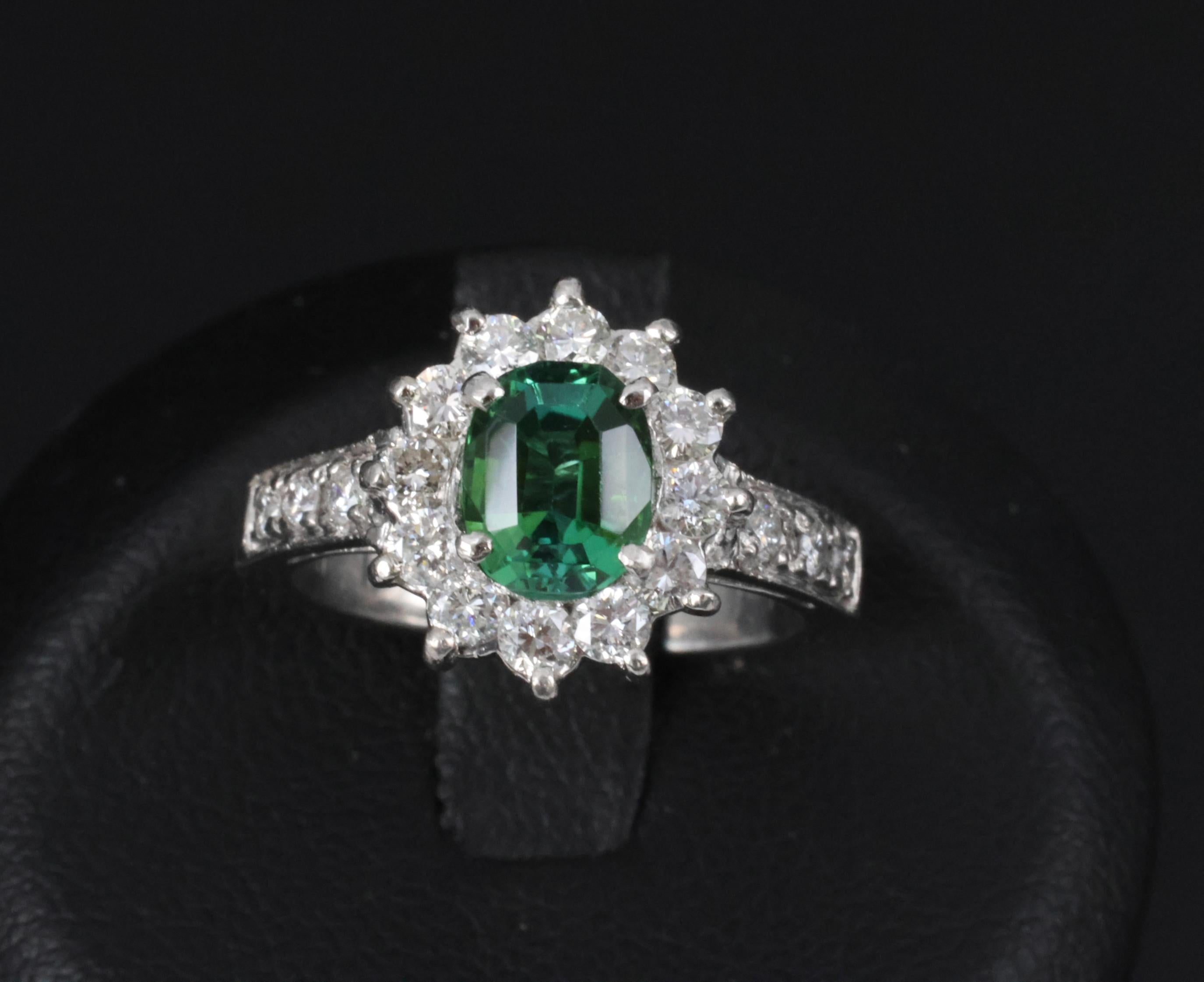 Vintage 1.19ct Chrome Green Tourmaline & 0.73ct Diamond Platinum Ring, Size 5.5